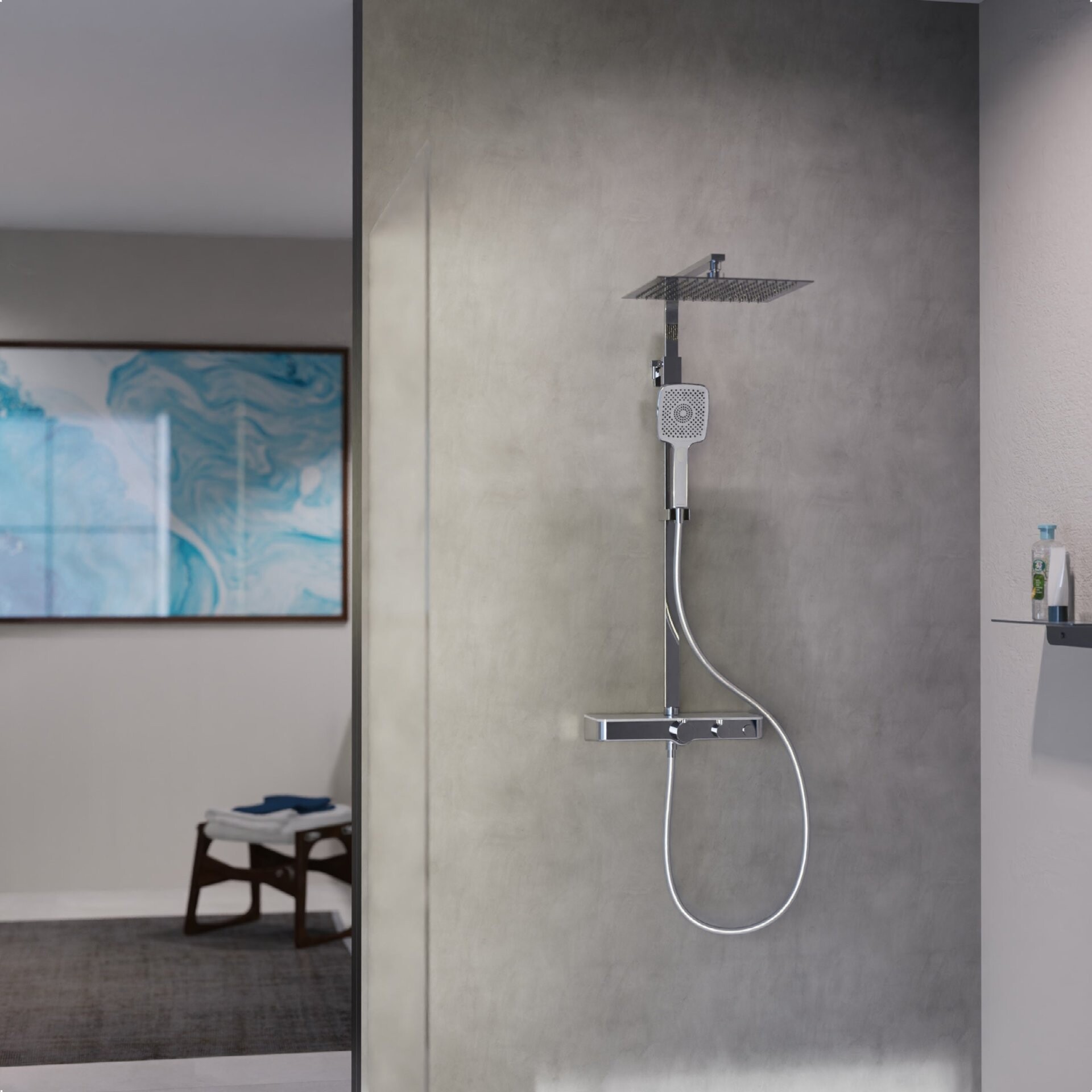 SCHÜTTE OCEAN Überkopf-Brauseset, Chrom/Weiß, mit Duschthermostat und Ablage