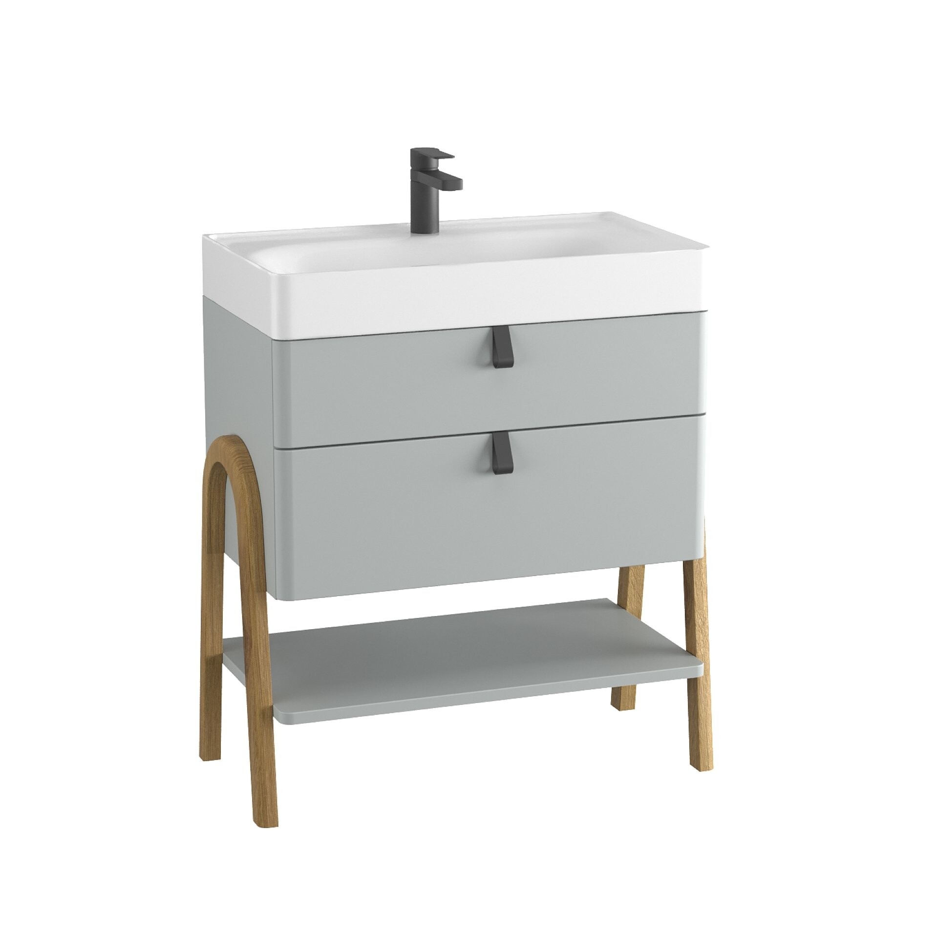 BADEDU PINA Waschbecken mit Unterschrank 70 cm breit, Grau, Waschbecken Gussmarmor Weiß, mit Füßen