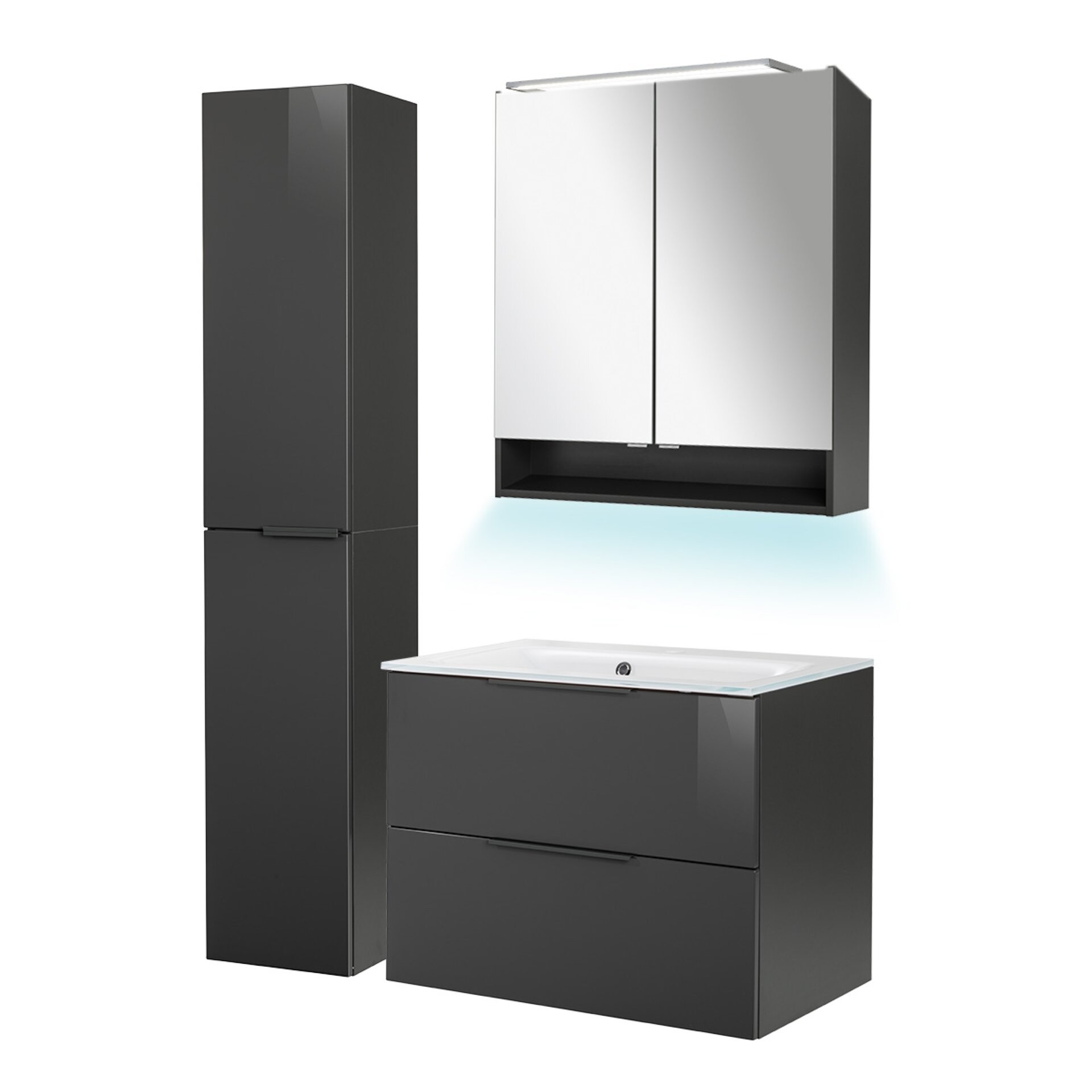 Fackelmann LUNA Badmöbel Set 5-teilig, 80 cm breit, Anthrazit, Glas Weiß+Spiegelschrank+Hochschrank Fackelmann LUNA Badmöbel Set 5-teilig, 80 cm breit, Anthrazit, Glas Weiß+Spiegelschrank+Hochschrank