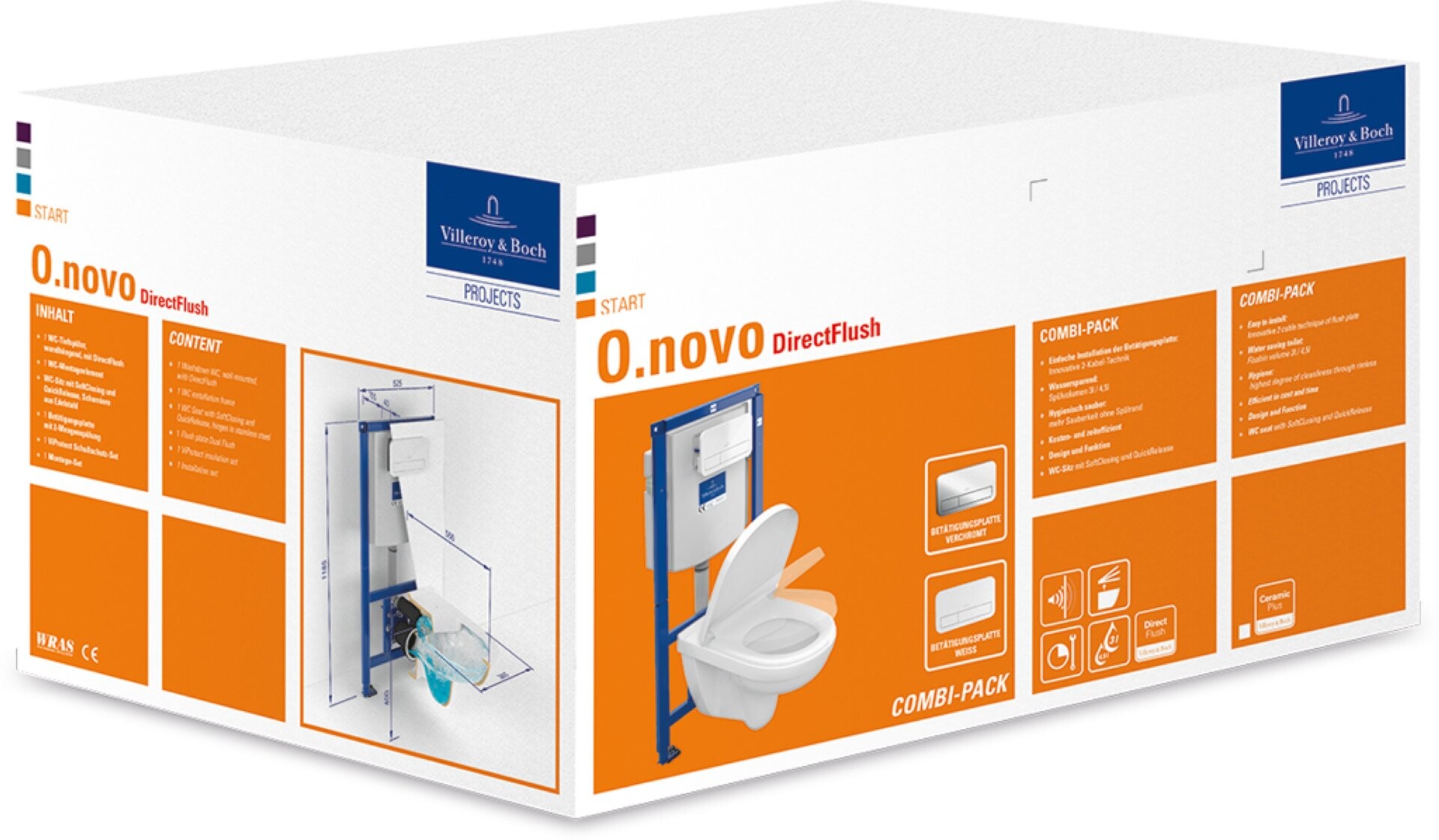 Villeroy & Boch O.NOVO Combi-Pack Tiefspül-WC, WC-Sitz, Vorwandelement+Betätigungsplatte, Weiß/Weiß