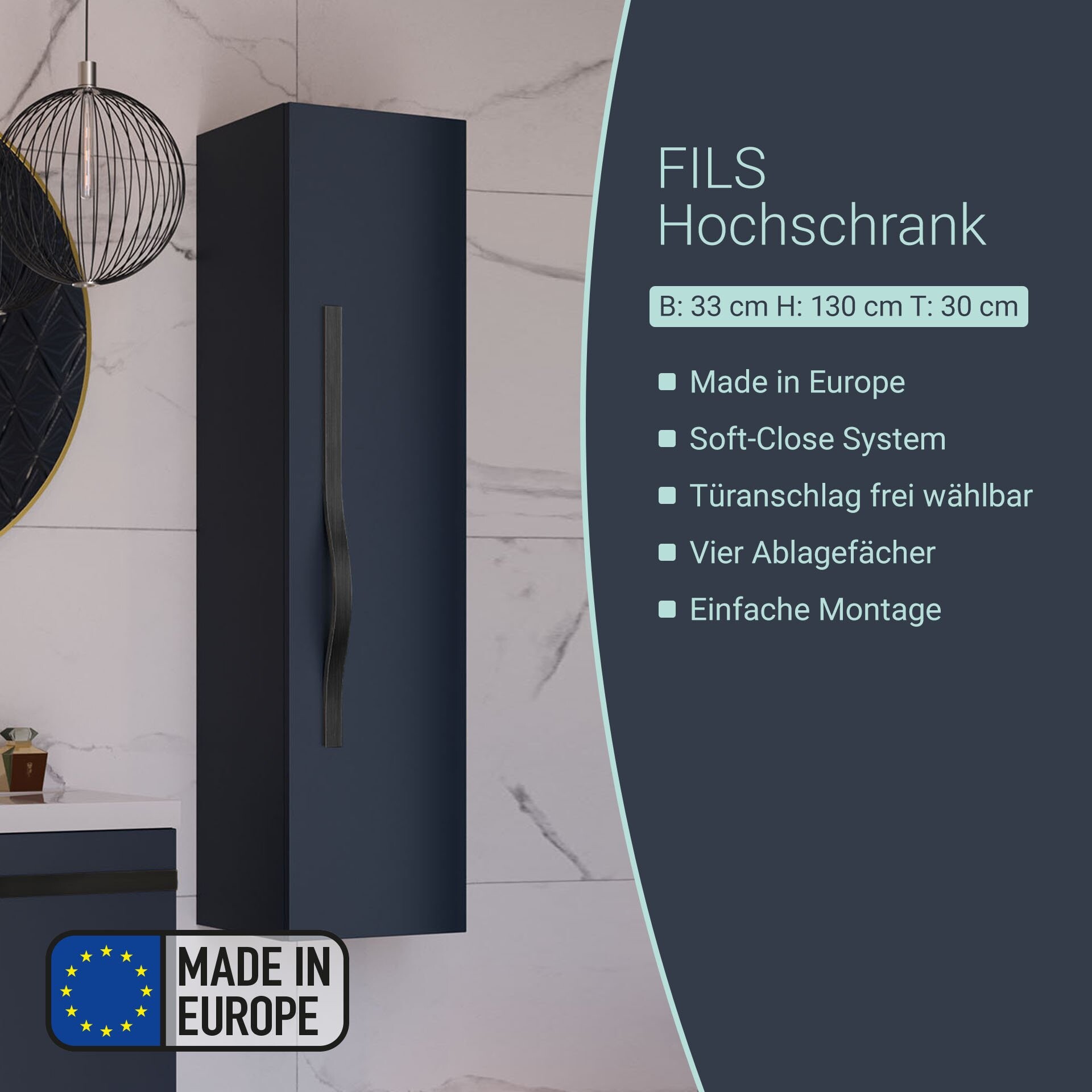 BADEDU FILS Hochschrank 33 cm breit, Blau, Griff Schwarz