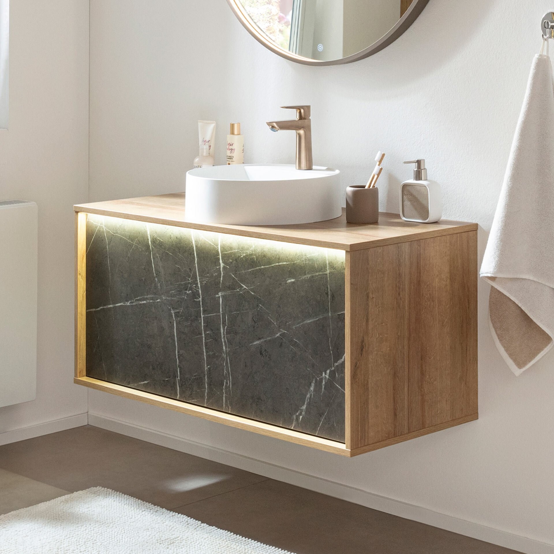 LANZET DUNE Waschbecken mit Unterschrank 100,3 cm breit, Braun hell/Marmor Grau, Aufsatzwaschbecken Gussmarmor Weiß, inkl. LED Beleuchtung