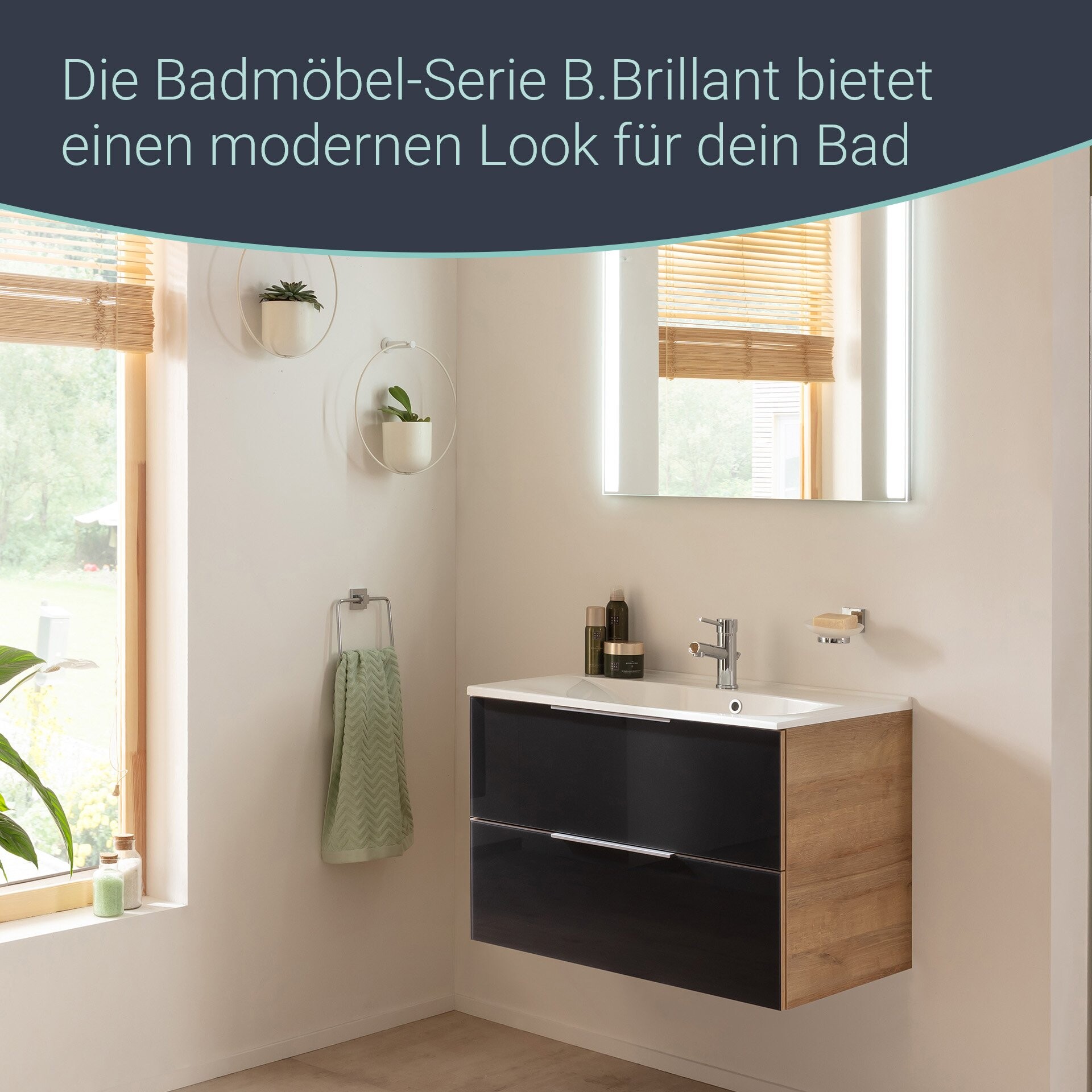 Fackelmann B.BRILLANT Badmöbel Set 2-teilig, 80 cm breit, Anthrazit Glas/Braun hell, Gussmarmor