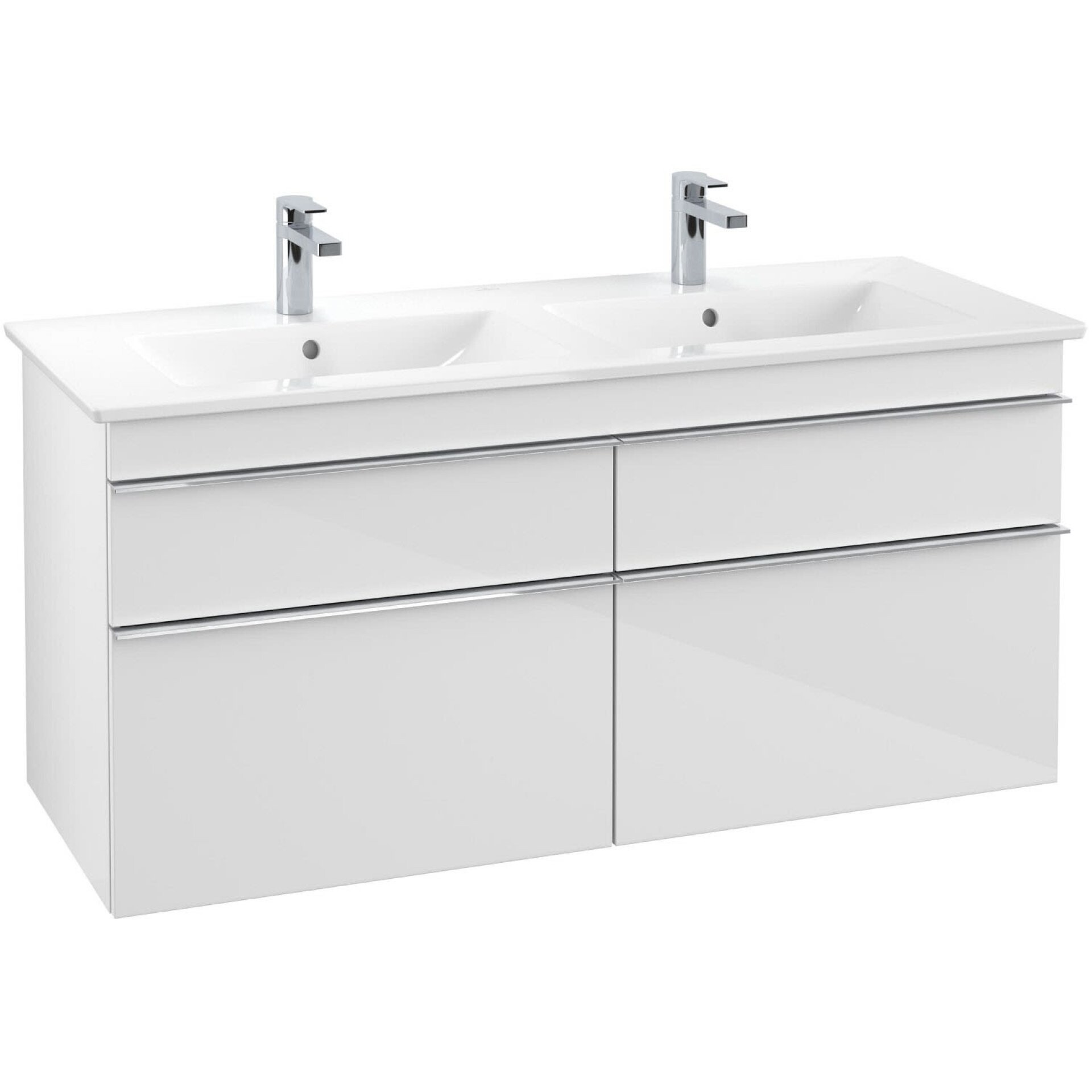 VILLEROY & BOCH VENTICELLO Waschbeckenunterschrank 125 cm breit, Weiß, Griff Chrom, 4 Schubladen, für Doppelwaschbecken