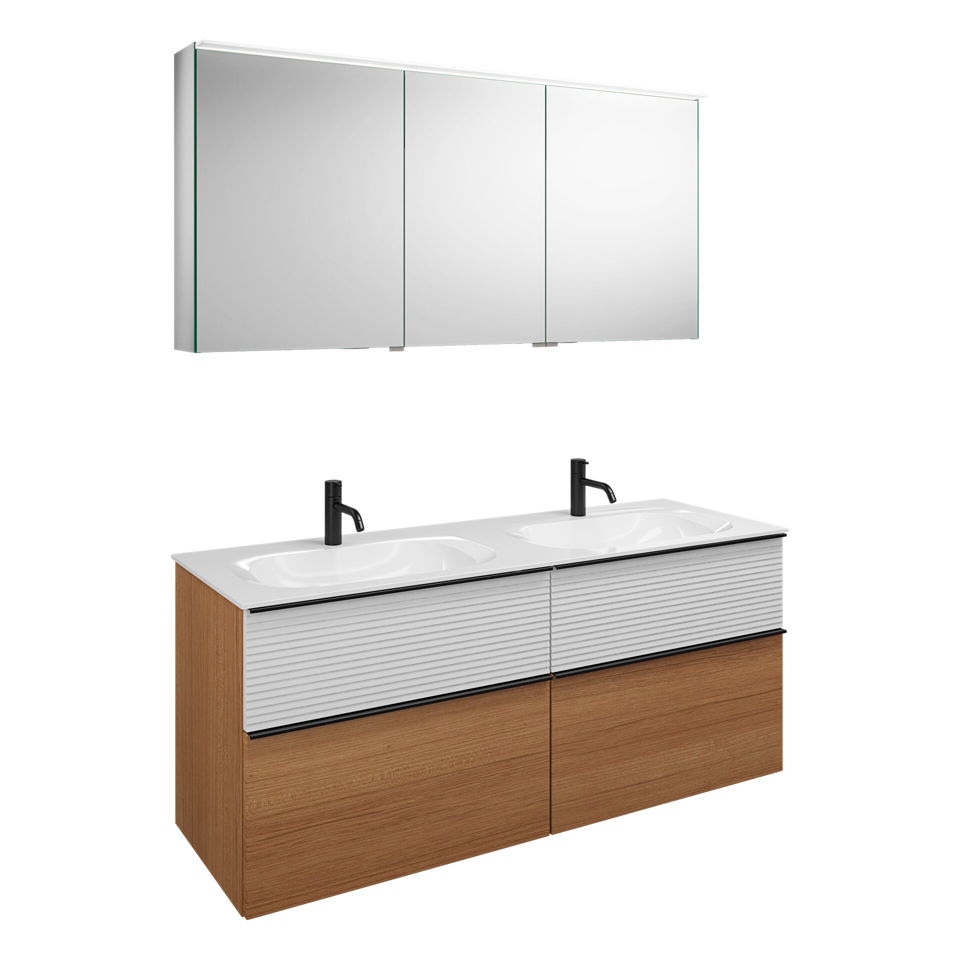 Burgbad FIUMO Waschtisch Set mit Spiegelschrank 142 cm breit, Weiß/Braun, Doppelwaschbecken Gussmarmor Weiß, 4 Schubladen, Anschlag links Burgbad FIUMO Waschtisch Set mit Spiegelschrank 142 cm breit, Weiß/Braun, Doppelwaschbecken Gussmarmor Weiß, 4 Schubladen, Anschlag links