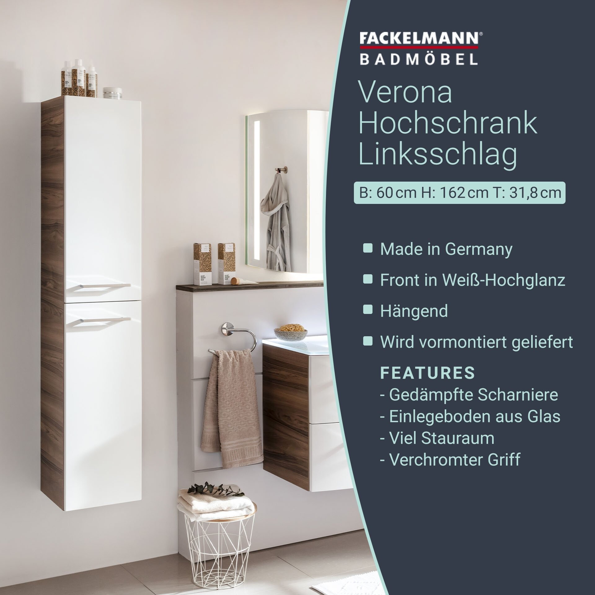 Fackelmann VERONA Hochschrank 30 cm, links, Braun Dunkel/Weiß Hochglanz Fackelmann VERONA Hochschrank 30 cm, links, Braun Dunkel/Weiß Hochglanz