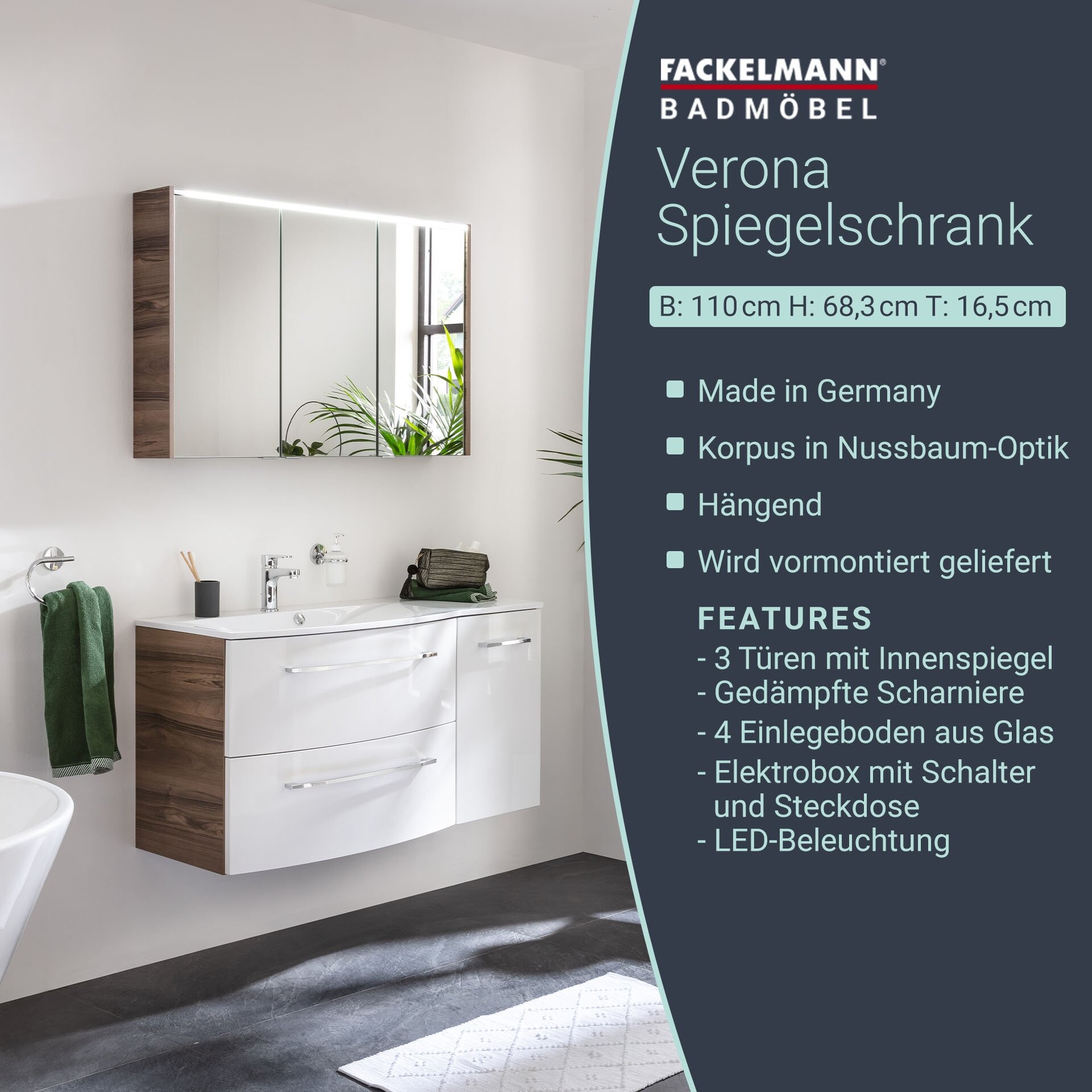 Fackelmann VERONA LED Spiegelschrank 110 cm, Braun Dunkel