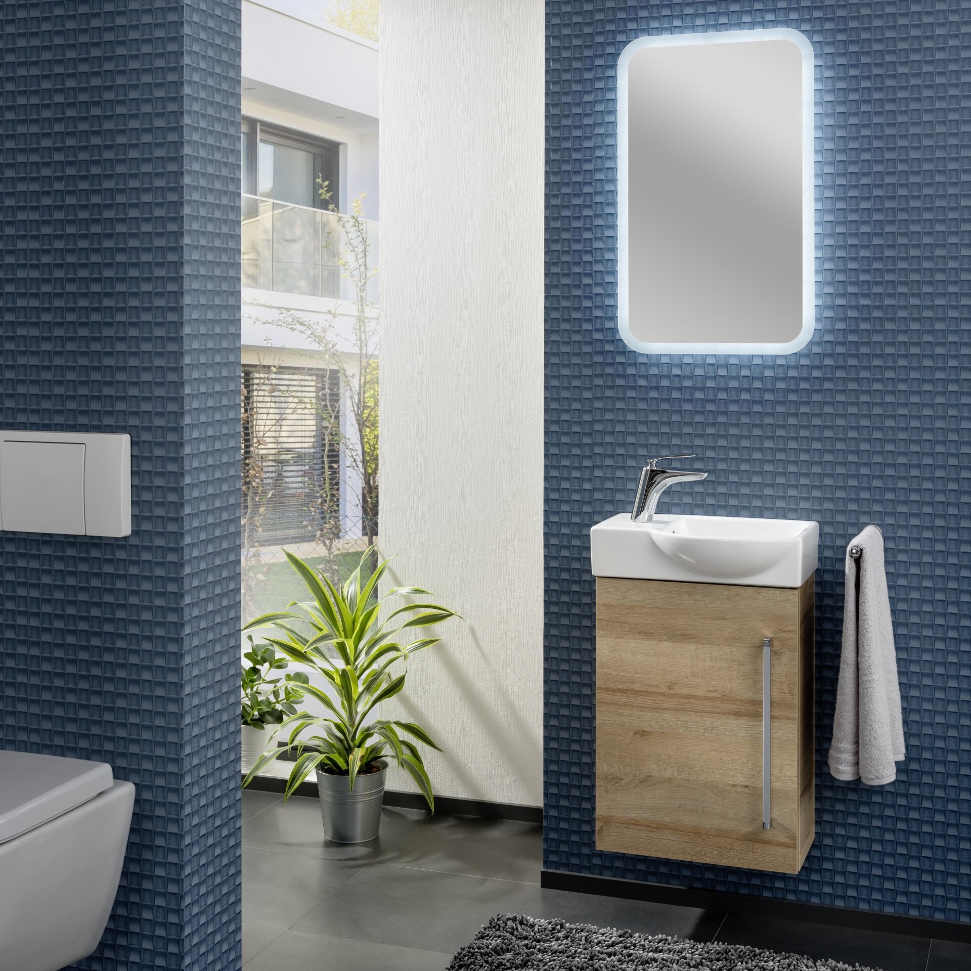 LANZET K3 Gäste WC Waschtisch Set 45cm breit, Braun hell, Waschbecken Keramik Weiß, Türanschlag links