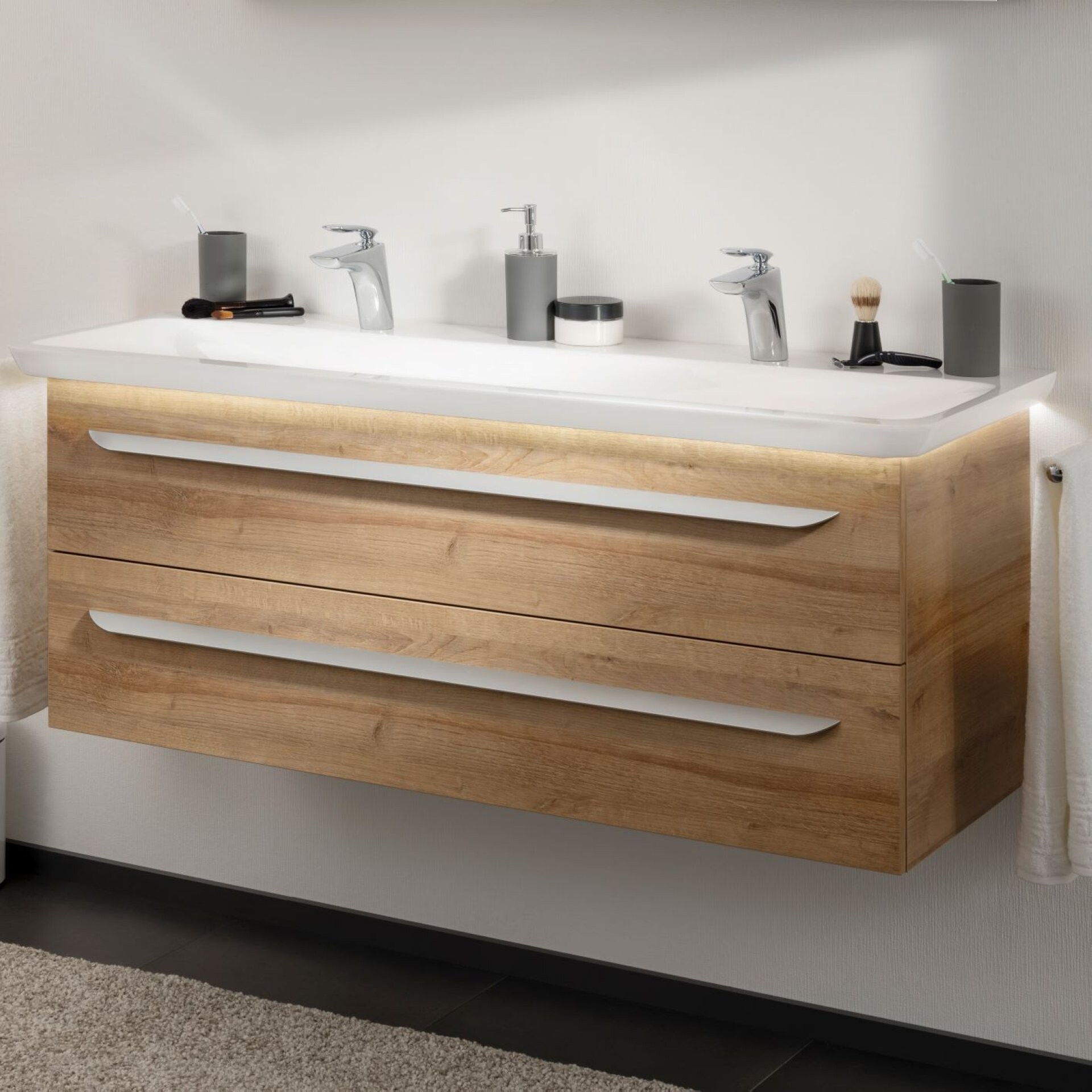 Lanzet M9 Badmöbel Set 3-teilig, Doppel-Waschtisch 130 cm breit, Hellbraun, Waschbeckenbeleuchtung Lanzet M9 Badmöbel Set 3-teilig, Doppel-Waschtisch 130 cm breit, Hellbraun, Waschbeckenbeleuchtung