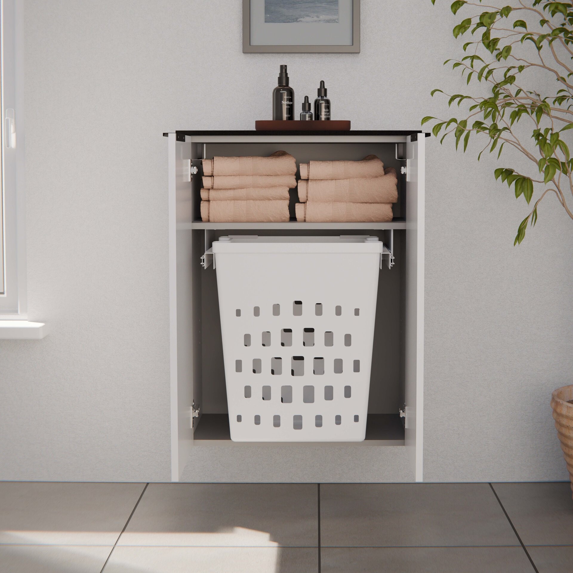 FACKELMANN FLAIR Doppel Midischrank 63 cm breit, Weiß/Anthrazit mit Wäschekorb