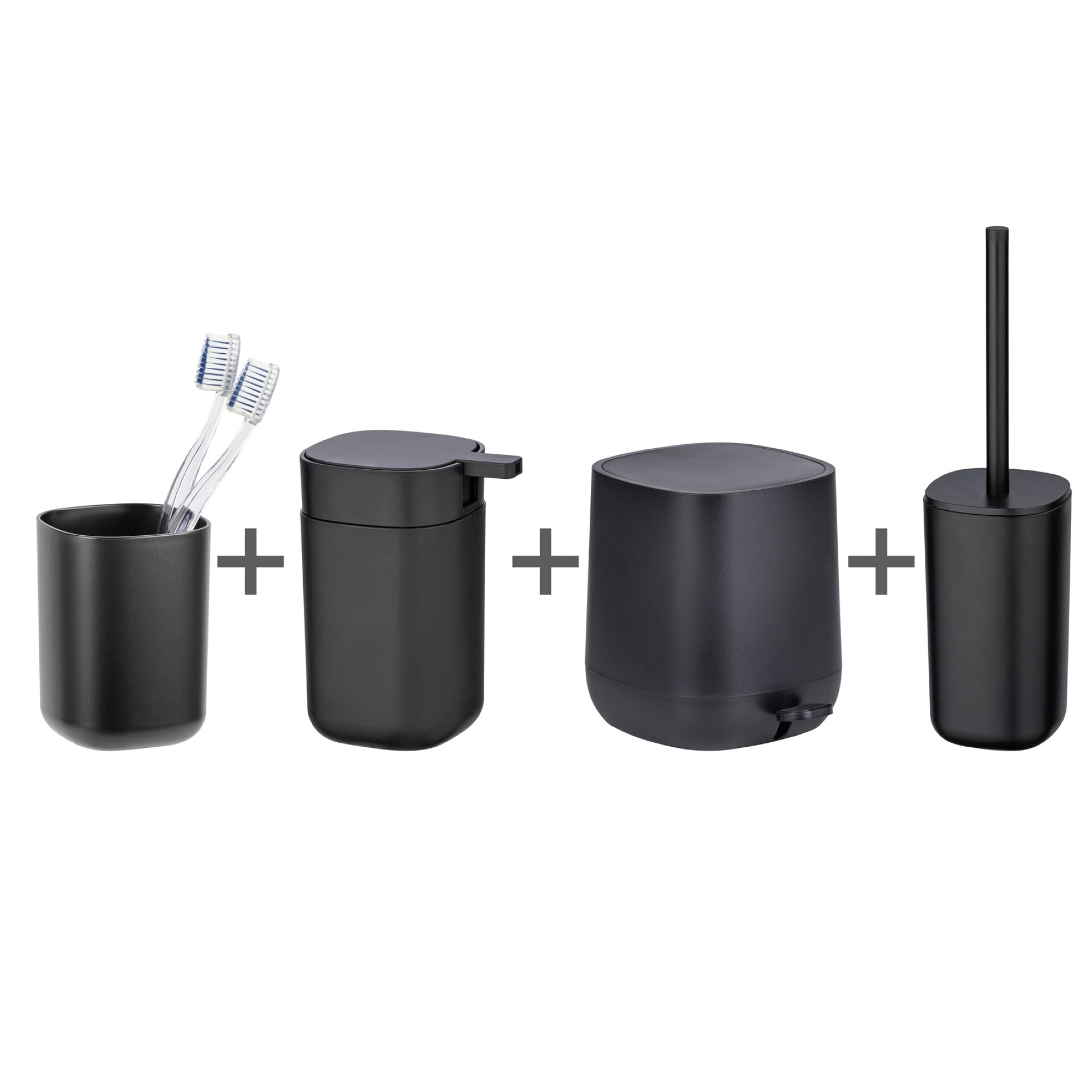 WENKO DAVOS Accessoire Set, Schwarz, Zahnputzbecher, Seifenspender, WC-Garnitur, Kosmetikeimer