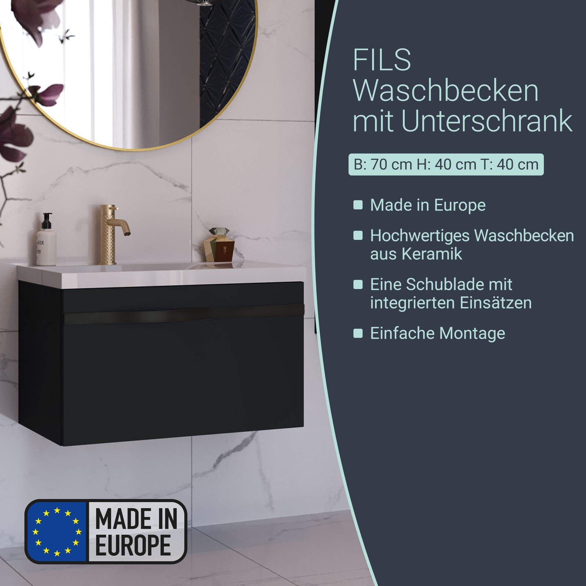 BADEDU FILS Waschbecken mit Unterschrank 69 cm breit, Schwarz, Waschbecken Gussmarmor Weiß, Griff Schwarz