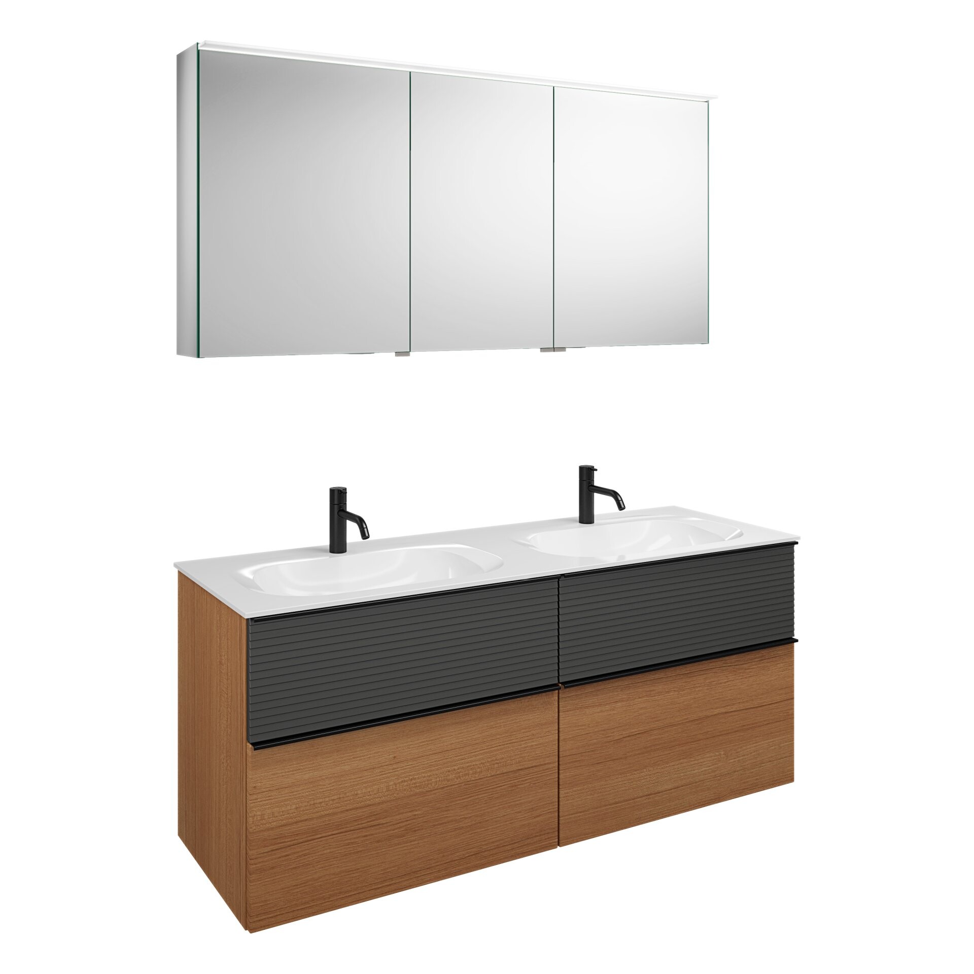 Burgbad FIUMO Waschtisch Set mit Spiegelschrank 142 cm breit, Anthrazit/Braun, Doppelwaschbecken Gussmarmor Weiß, 4 Schubladen, Anschlag links Burgbad FIUMO Waschtisch Set mit Spiegelschrank 142 cm breit, Anthrazit/Braun, Doppelwaschbecken Gussmarmor Weiß, 4 Schubladen, Anschlag links