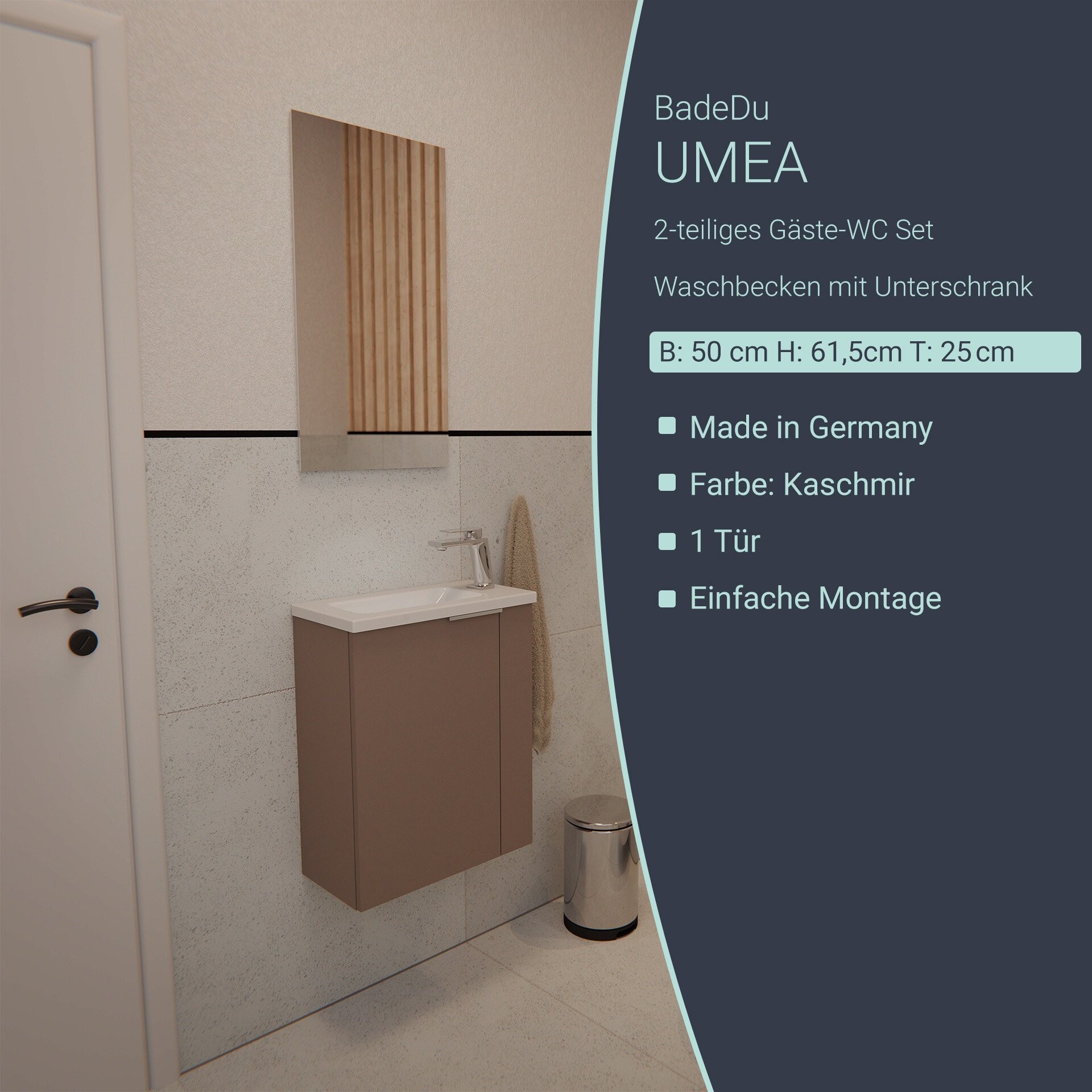 BADEDU UMEA Gäste WC Waschtisch Set 50 cm breit, Grau, Waschbecken Gussmarmor Weiß