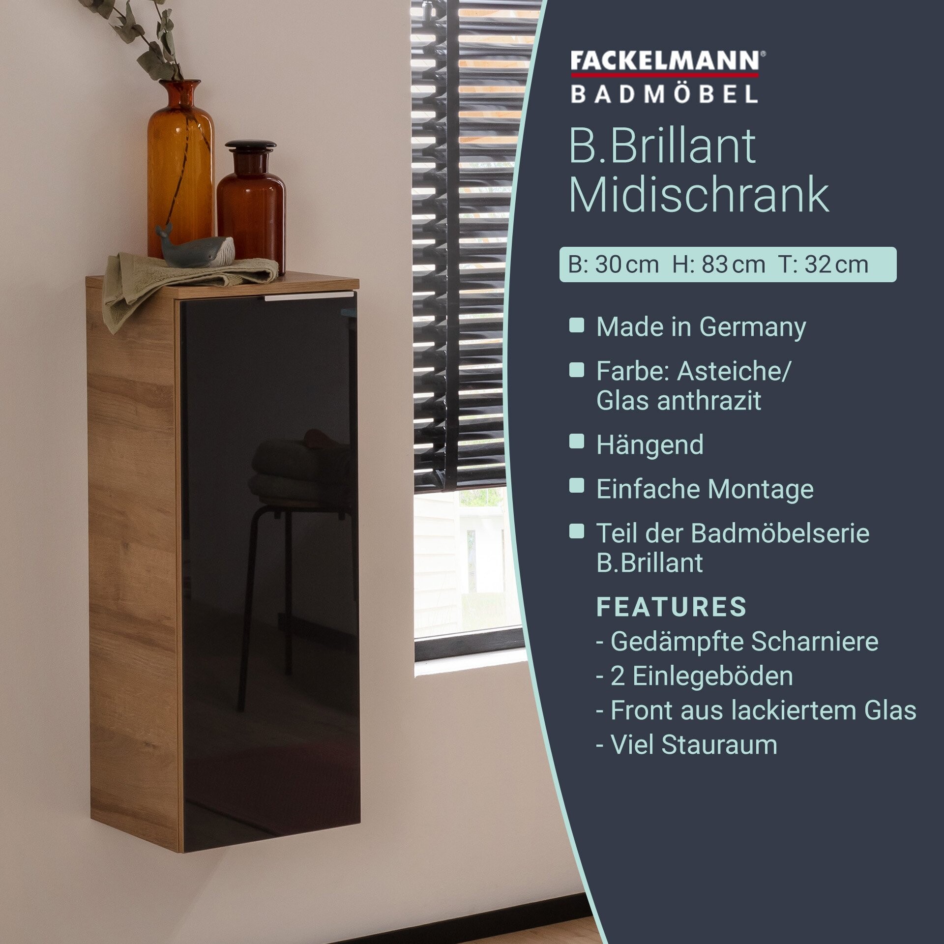 Fackelmann B.BRILLANT Midischrank, 30 cm breit, Anthrazit Glas/Braun hell