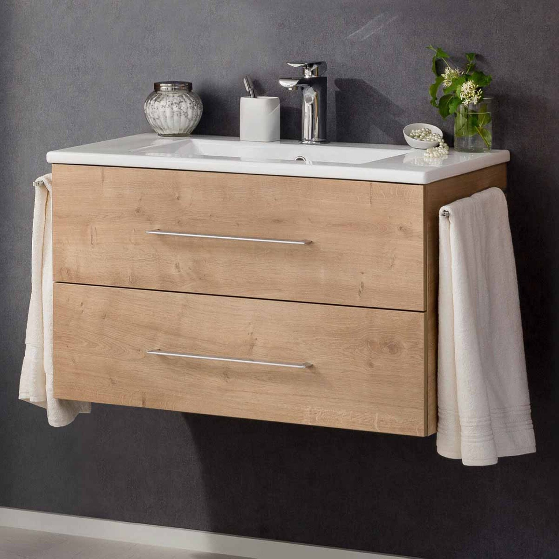 FACKELMANN B.PERFEKT Waschbecken mit Unterschrank 82 cm breit, Braun hell, Waschbecken Keramik Weiß FACKELMANN B.PERFEKT Waschbecken mit Unterschrank 82 cm breit, Braun hell, Waschbecken Keramik Weiß