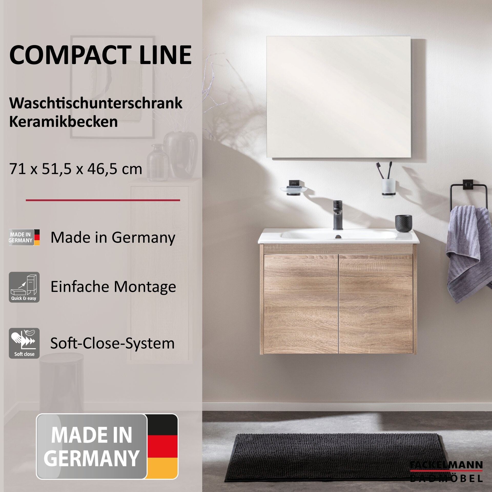 FACKELMANN COMPACT LINE Waschbecken mit Unterschrank 71 cm breit, Braun, Waschbecken Keramik Weiß, 2 Türen