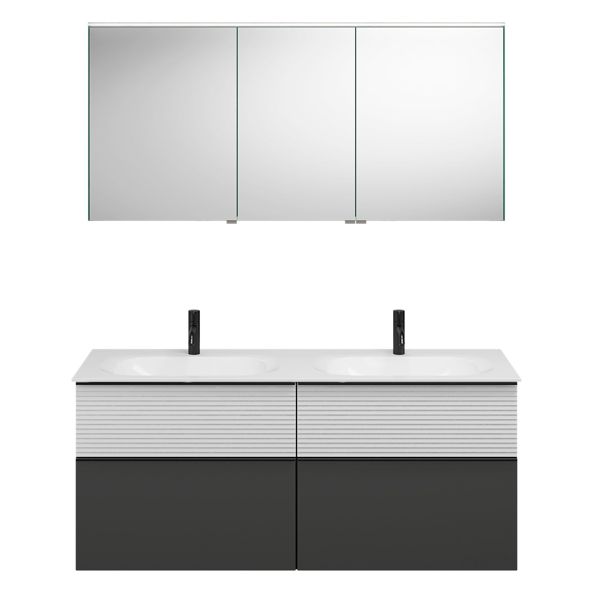 Burgbad FIUMO Waschtisch Set mit Spiegelschrank 142 cm breit, Weiß/Anthrazit, Doppelwaschbecken Gussmarmor Weiß, 4 Schubladen, Anschlag links Burgbad FIUMO Waschtisch Set mit Spiegelschrank 142 cm breit, Weiß/Anthrazit, Doppelwaschbecken Gussmarmor Weiß, 4 Schubladen, Anschlag links