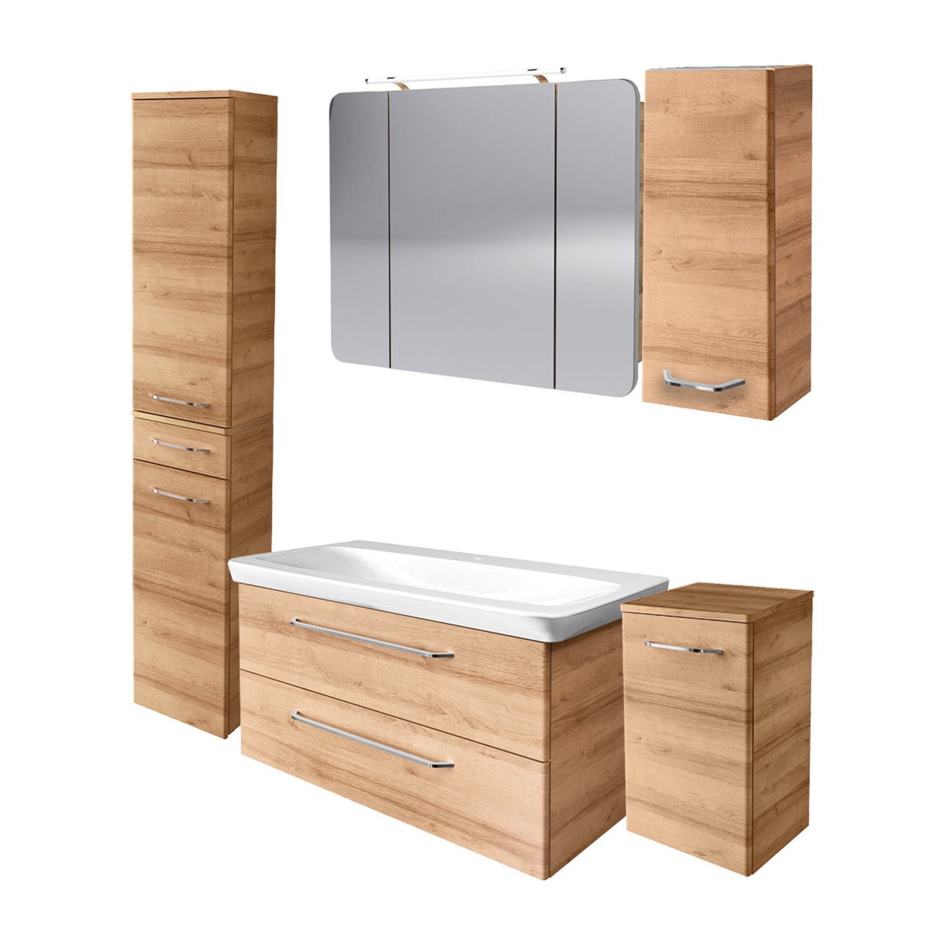 Fackelmann MILANO Badmöbel Set 6-teilig, 107 cm breit, Braun hell, Waschbecken Keramik, Spiegelschrank + 3 Badschränke Fackelmann MILANO Badmöbel Set 6-teilig, 107 cm breit, Braun hell, Waschbecken Keramik, Spiegelschrank + 3 Badschränke