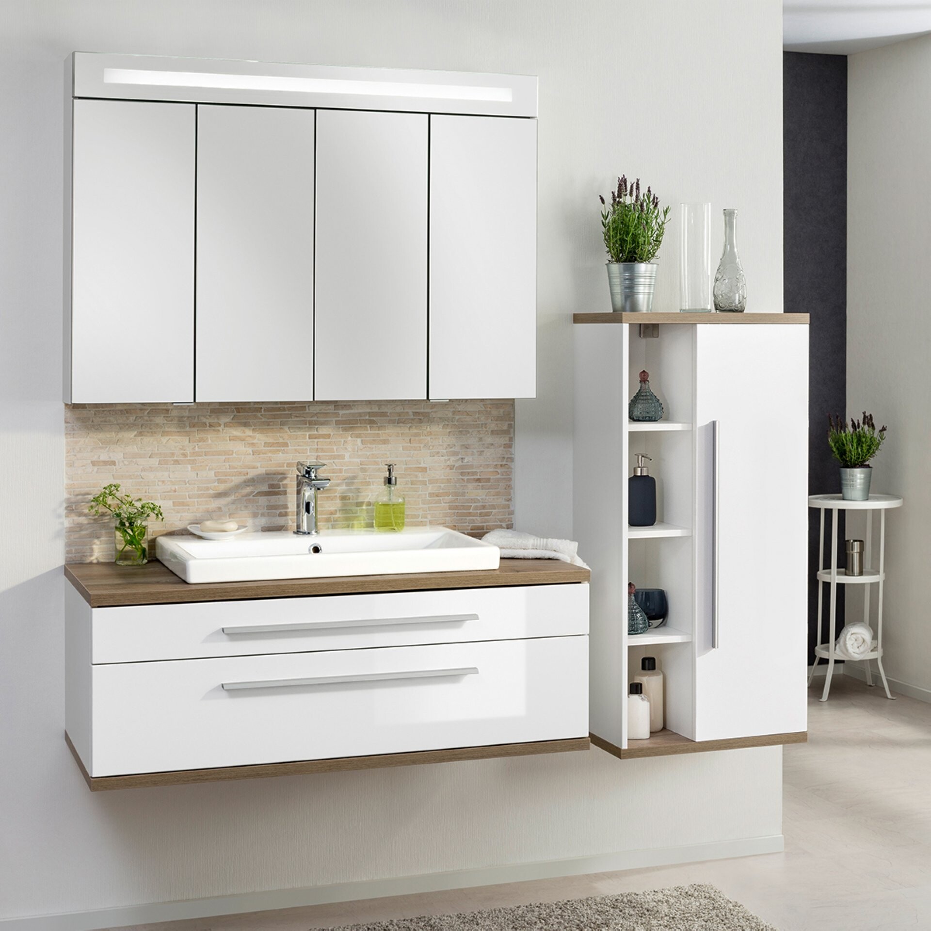 Fackelmann STANFORD Badmöbel Set 4-teilig, 110 cm breit, Weiß, Keramik+Spiegelschrank+Midischrank Fackelmann STANFORD Badmöbel Set 4-teilig, 110 cm breit, Weiß, Keramik+Spiegelschrank+Midischrank