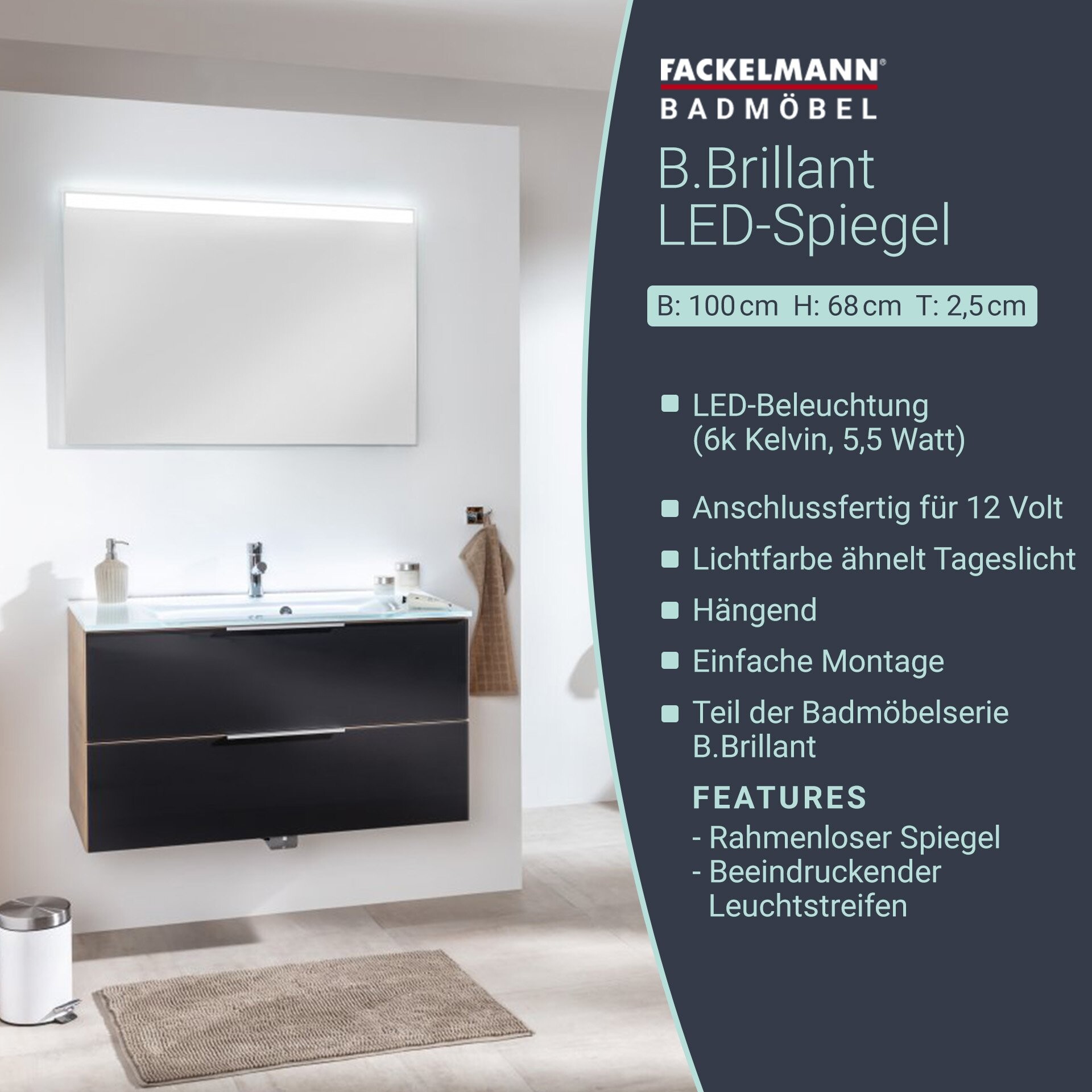 Fackelmann B.BRILLANT LED Spiegel 100 cm Fackelmann B.BRILLANT LED Spiegel 100 cm