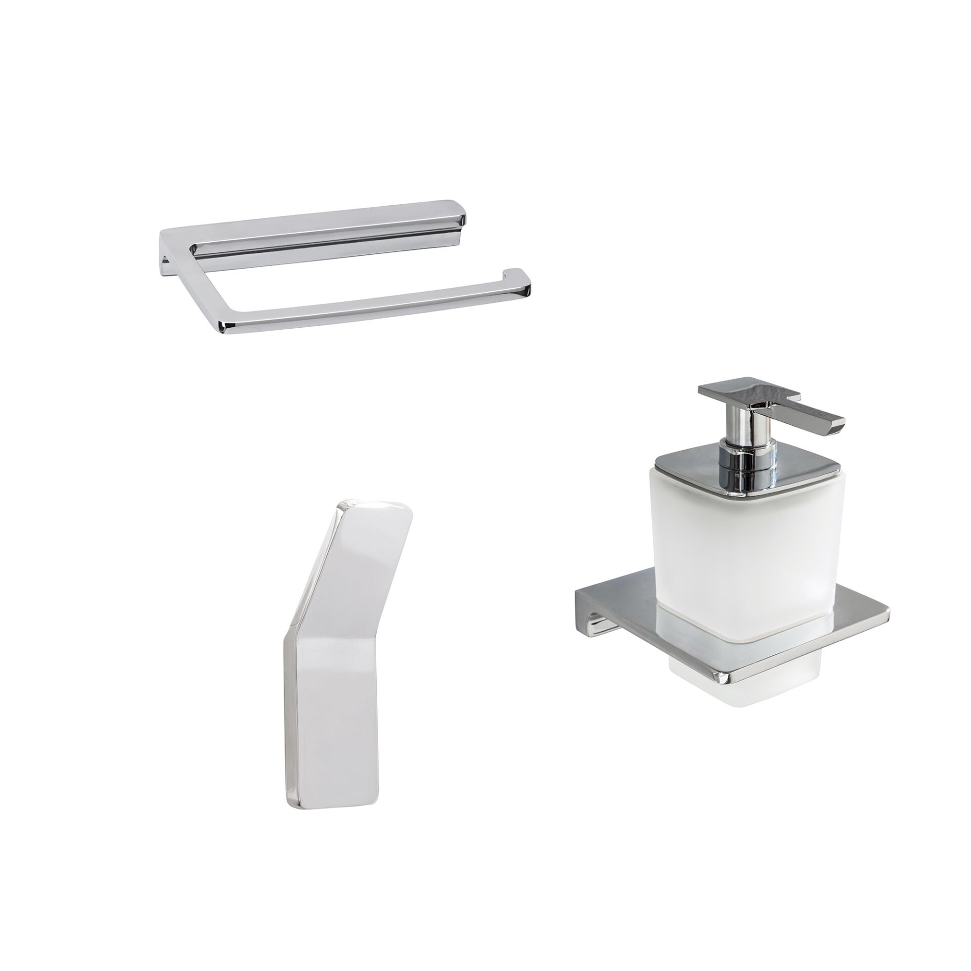 BADEDU SIRIUS Accessoire Set 3-teilig, Chrom, Handtuchhaken, Toilettenpapierhalter, Seifenspender mit Halter