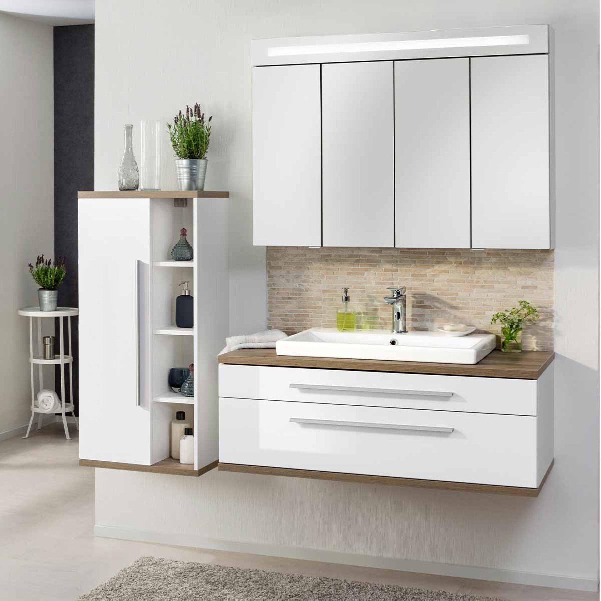 Fackelmann STANFORD Badmöbel Set 3-teilig,110 cm breit, Braun/Weiß, Keramik + Spiegelschrank Fackelmann STANFORD Badmöbel Set 3-teilig,110 cm breit, Braun/Weiß, Keramik + Spiegelschrank