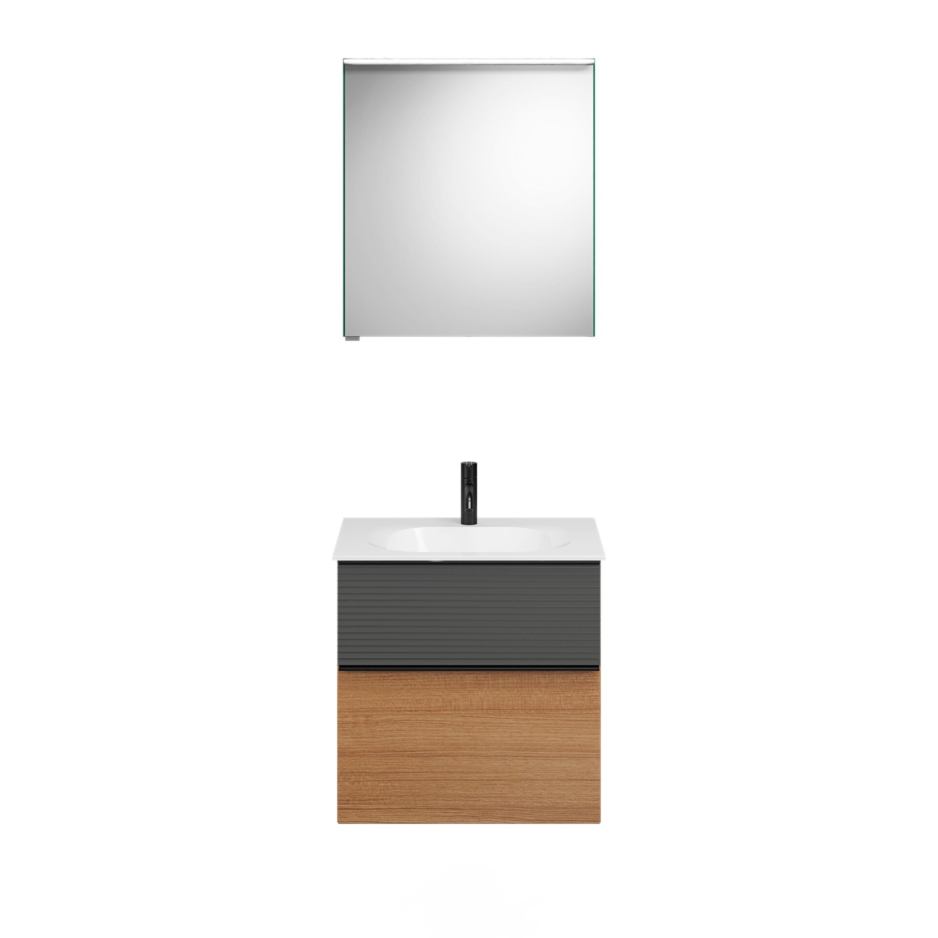 Burgbad FIUMO Waschtisch Set mit Spiegelschrank 62 cm breit, Anthrazit/Braun, Waschbecken Gussmarmor Weiß, Anschlag rechts Burgbad FIUMO Waschtisch Set mit Spiegelschrank 62 cm breit, Anthrazit/Braun, Waschbecken Gussmarmor Weiß, Anschlag rechts