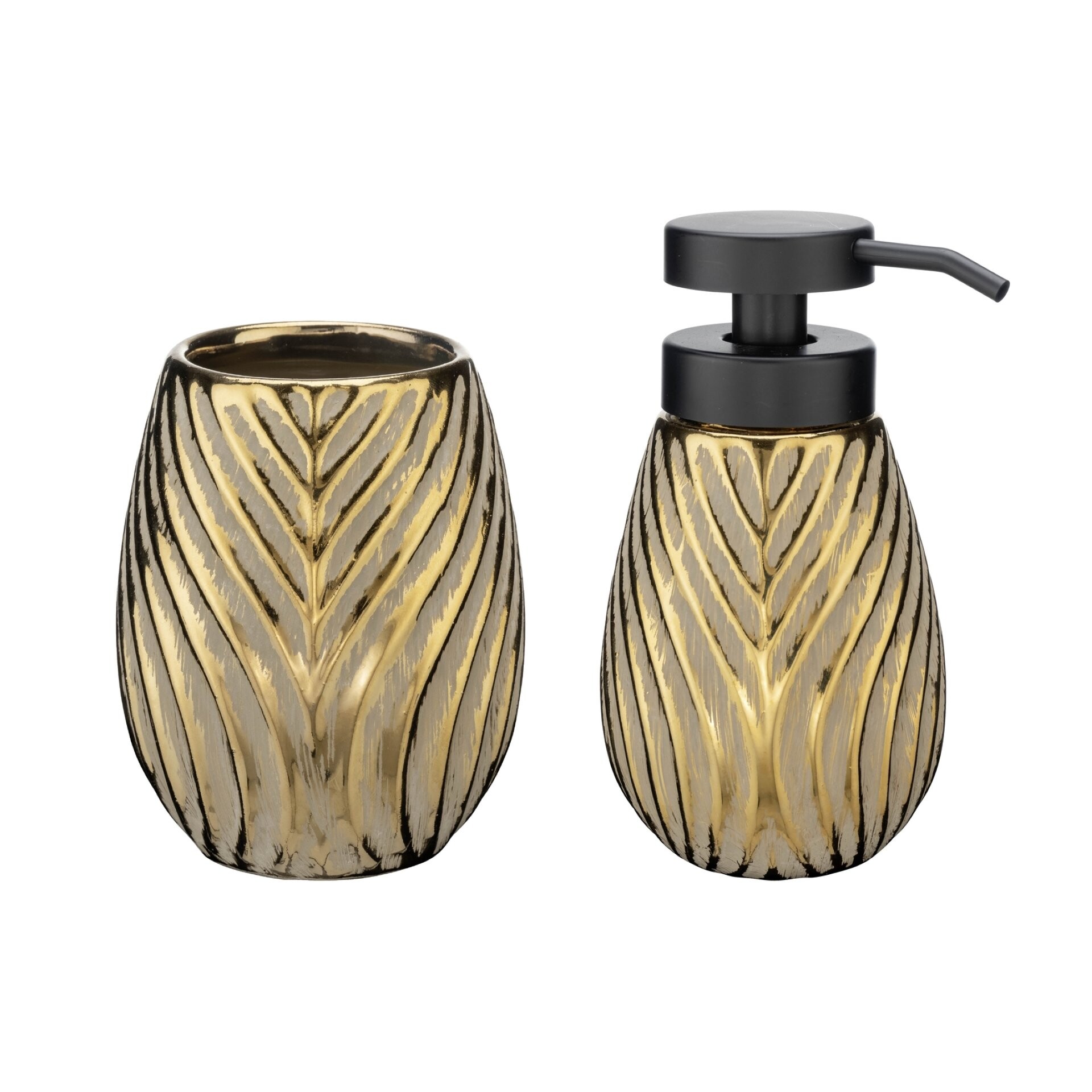 WENKO IDRO Accessoire Set, Gold, Zahnputzbecher, Seifenspender, Keramik