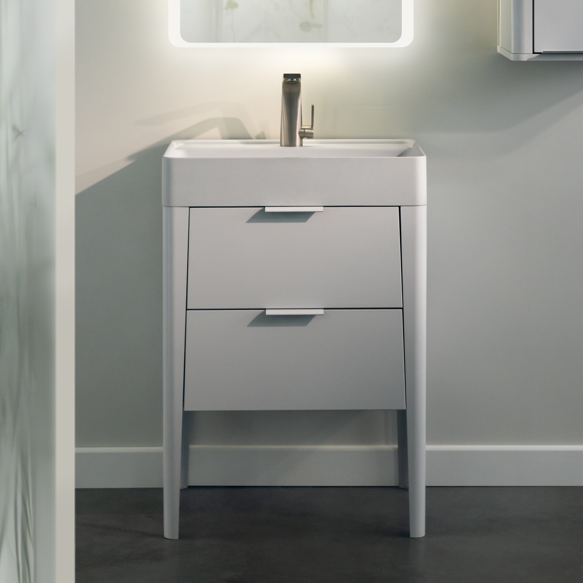 BADEDU SORA Waschbecken mit Unterschrank 60 cm breit, Weiß matt, Waschbecken Quarzkomposit Weiß, aus Aluminium, mit Füßen