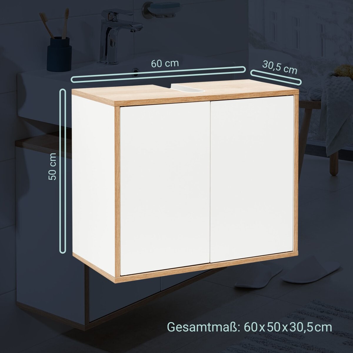 Fackelmann FINN Waschbeckenunterschrank 60 cm, Braun hell/Weiß