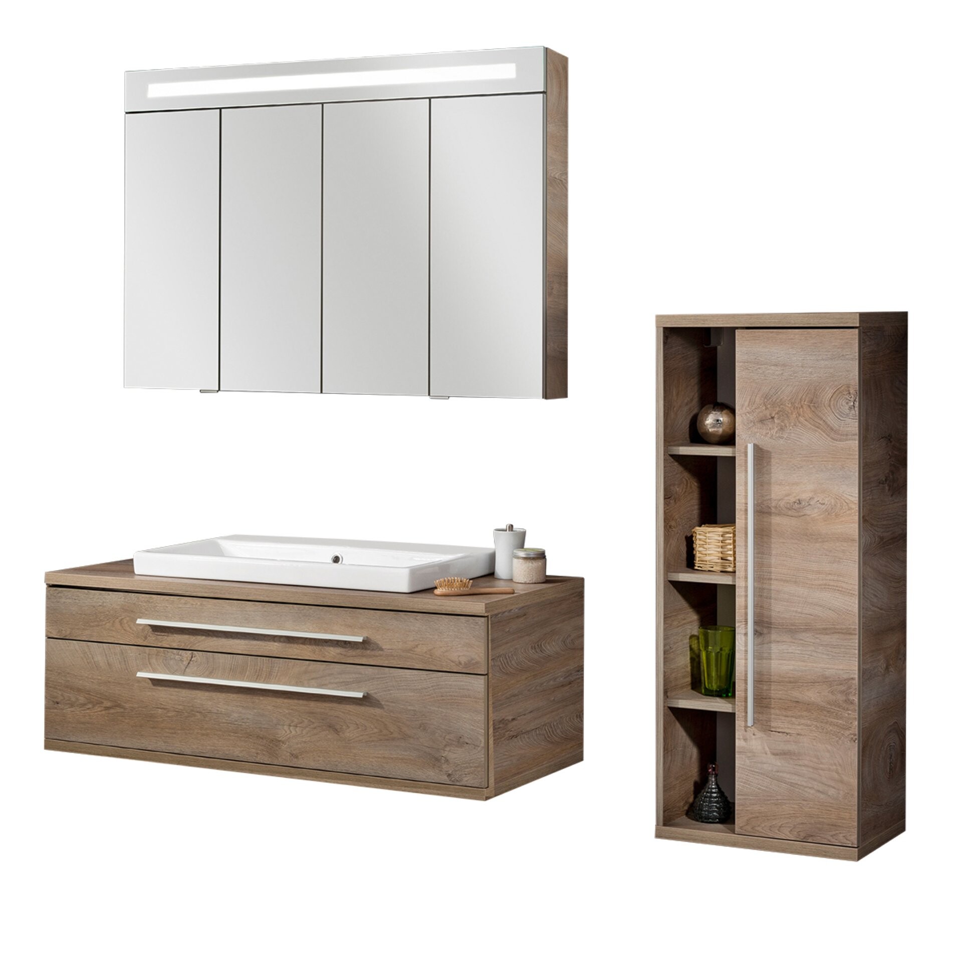 Fackelmann STANFORD Badmöbel Set 4-teilig, 110 cm breit, Braun, Keramik+Spiegelschrank+Midischrank r. Fackelmann STANFORD Badmöbel Set 4-teilig, 110 cm breit, Braun, Keramik+Spiegelschrank+Midischrank r.
