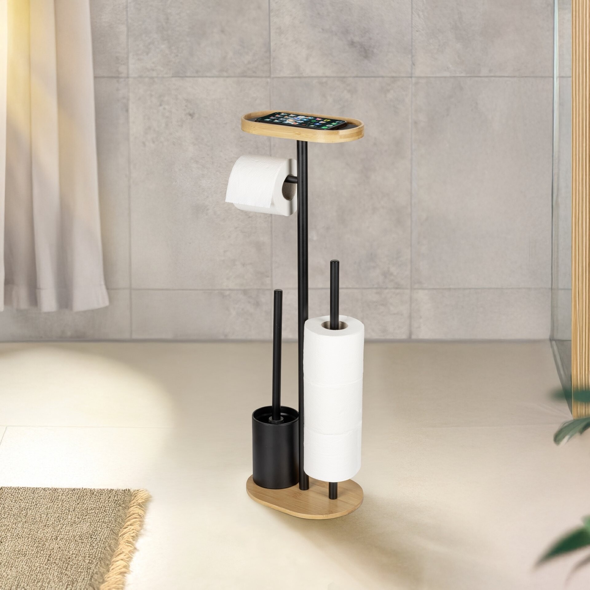 WENKO POMAROLO WC-Garnitur, Schwarz/Braun, Bambus, mit Toilettenpapierhalter und Ablage, stehend