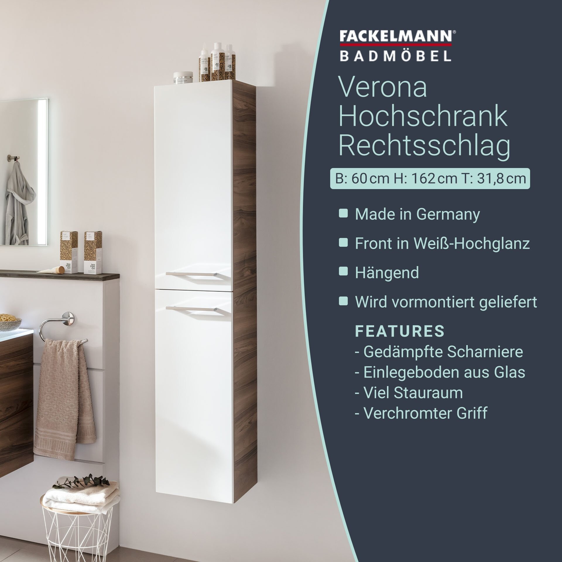 Fackelmann VERONA Hochschrank 30 cm, rechts, Braun Dunkel/Weiß Hochglanz