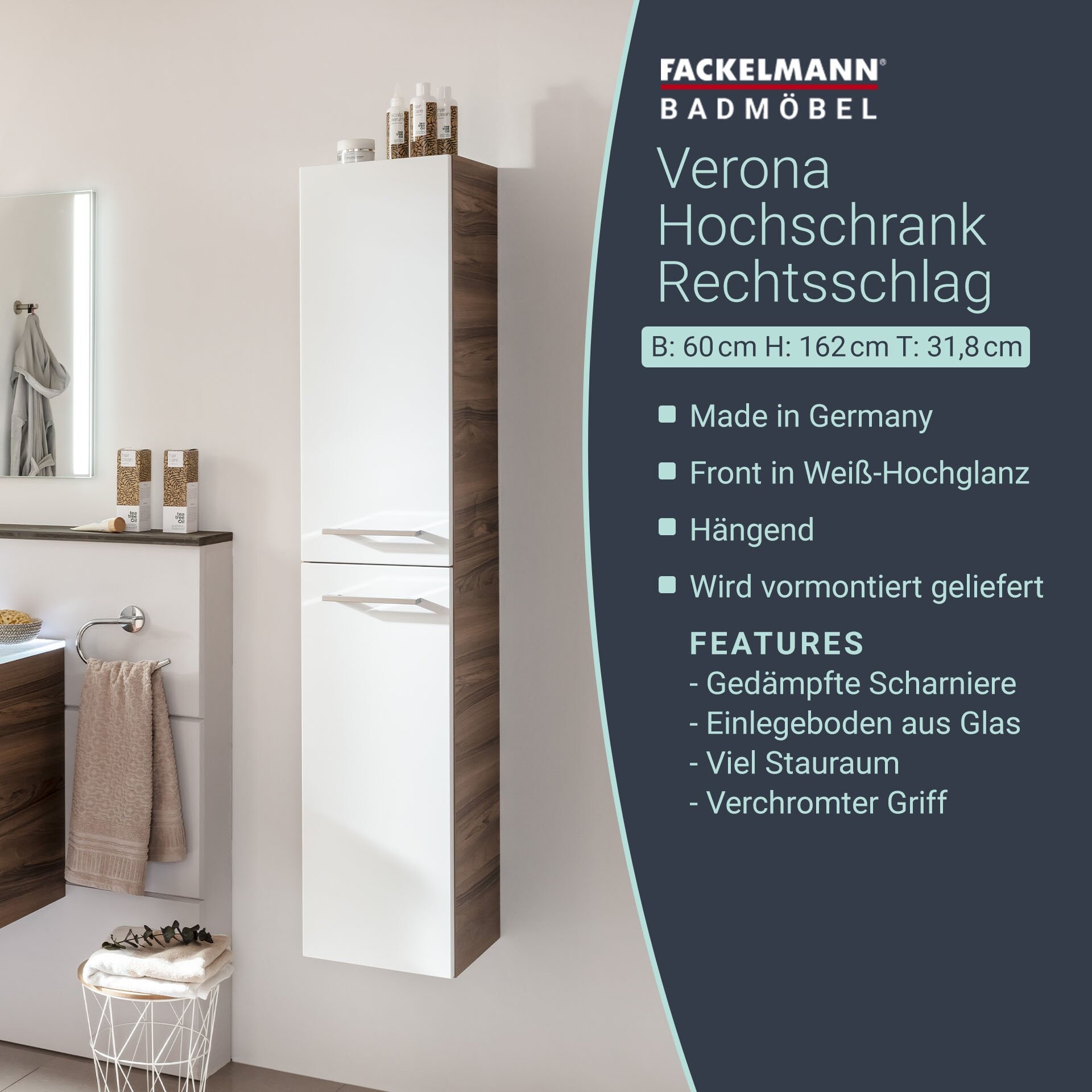 Fackelmann VERONA Hochschrank 30 cm, rechts, Braun Dunkel/Weiß Hochglanz Fackelmann VERONA Hochschrank 30 cm, rechts, Braun Dunkel/Weiß Hochglanz