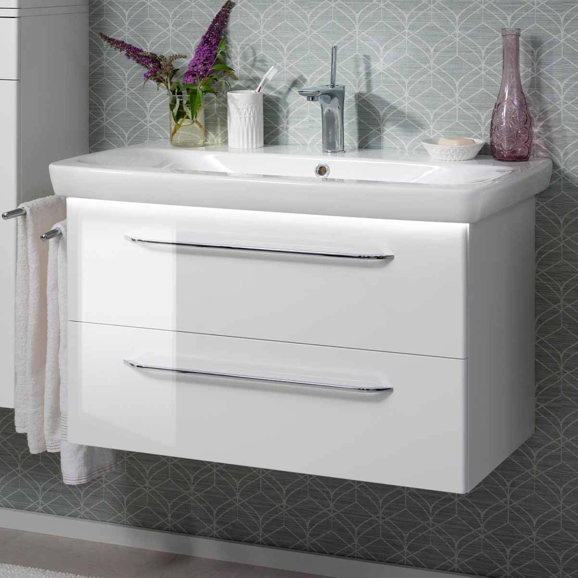 FACKELMANN MILANO Waschtisch Set mit Beleuchtung, 88 cm breit, Weiß, Waschbecken Keramik FACKELMANN MILANO Waschtisch Set mit Beleuchtung, 88 cm breit, Weiß, Waschbecken Keramik