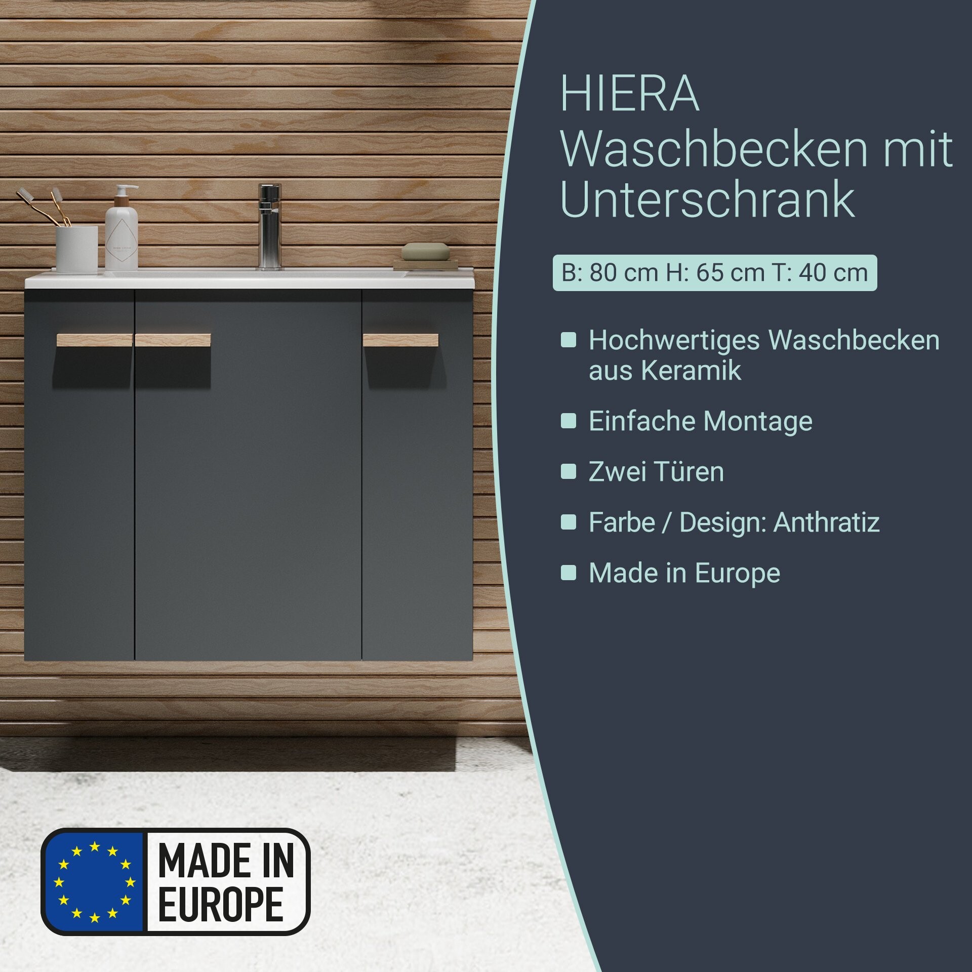 BADEDU HIERA Waschbecken mit Unterschrank 80 cm breit, Anthrazit, Waschbecken Keramik Weiß