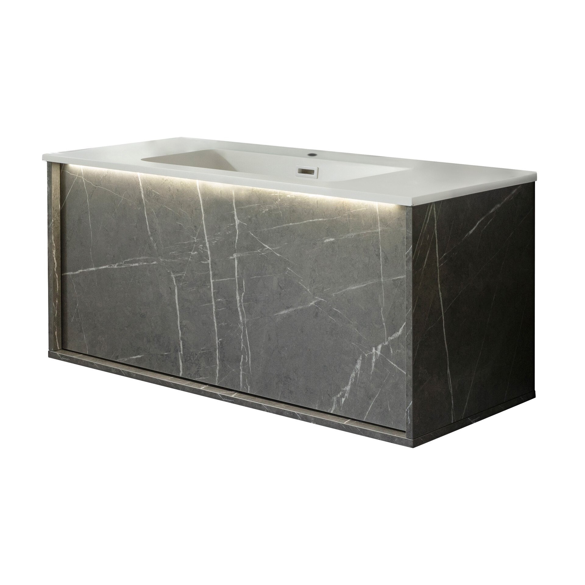LANZET DUNE Waschbecken mit Unterschrank 101 cm breit, Marmor Grau, Waschbecken Gussmarmor Weiß, inkl. LED-Beleuchtung