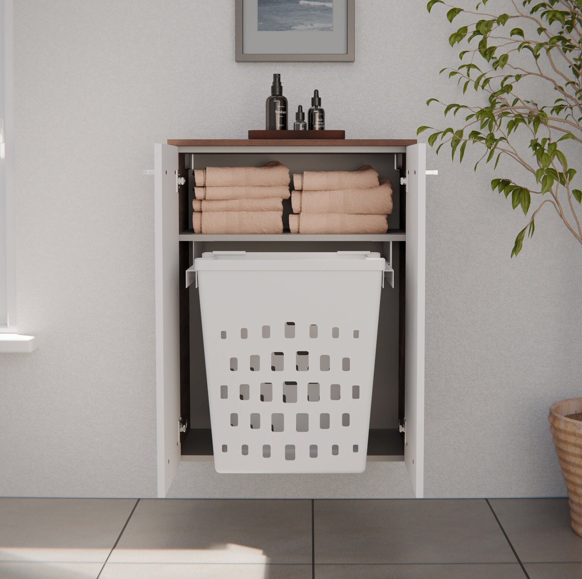 FACKELMANN VERONA Doppel Midischrank 60 cm, Braun Dunkel/Weiß Hochglanz mit Wäschekorb