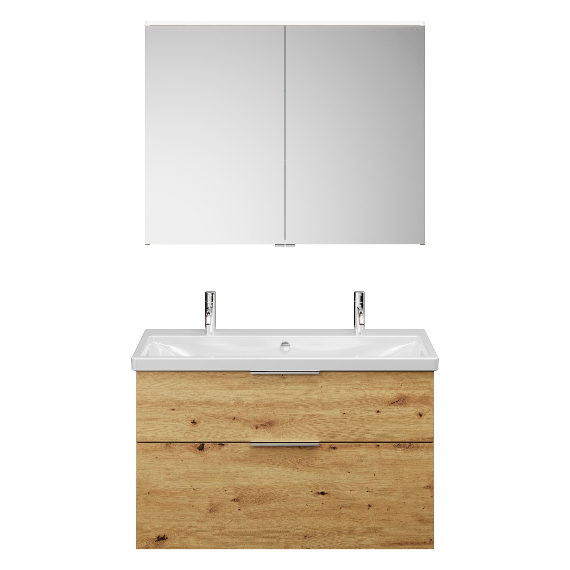 Burgbad EQIO Waschtisch Set mit Spiegelschrank 103 cm breit, Braun, Doppelwaschbecken Keramik Weiß Burgbad EQIO Waschtisch Set mit Spiegelschrank 103 cm breit, Braun, Doppelwaschbecken Keramik Weiß