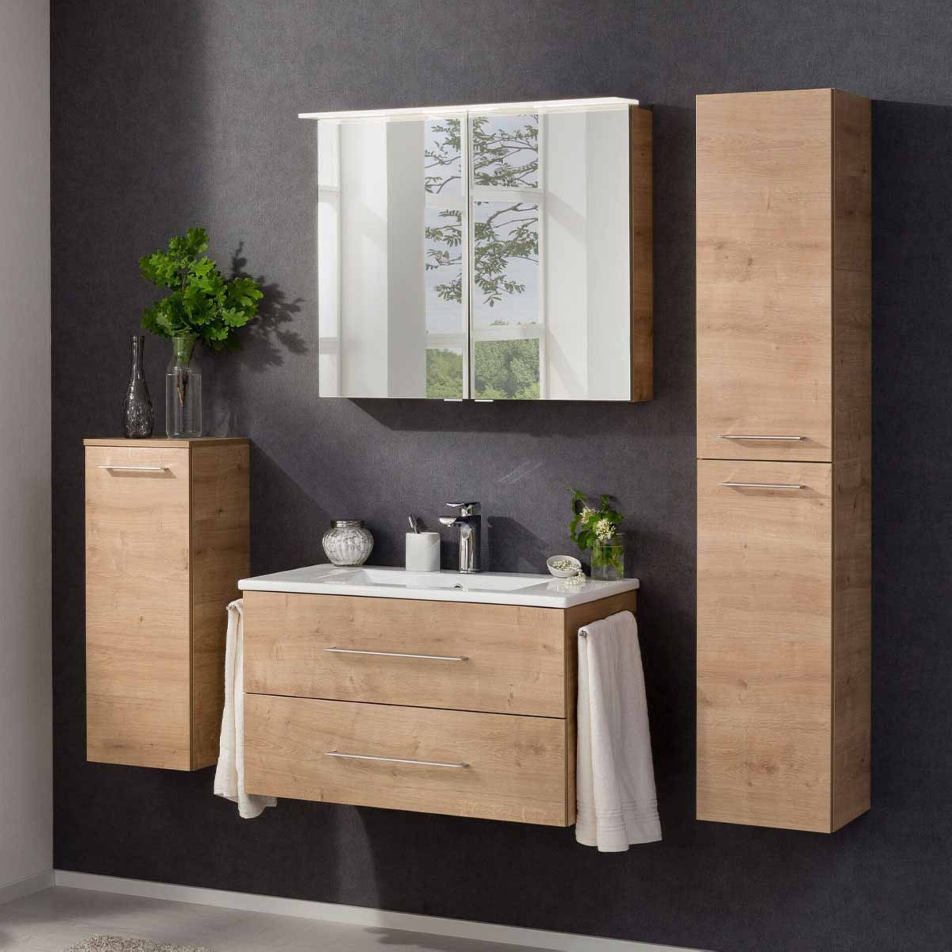FACKELMANN B.PERFEKT Waschtisch Set mit Spiegelschrank 82 cm breit, Braun hell, Waschbecken Keramik FACKELMANN B.PERFEKT Waschtisch Set mit Spiegelschrank 82 cm breit, Braun hell, Waschbecken Keramik