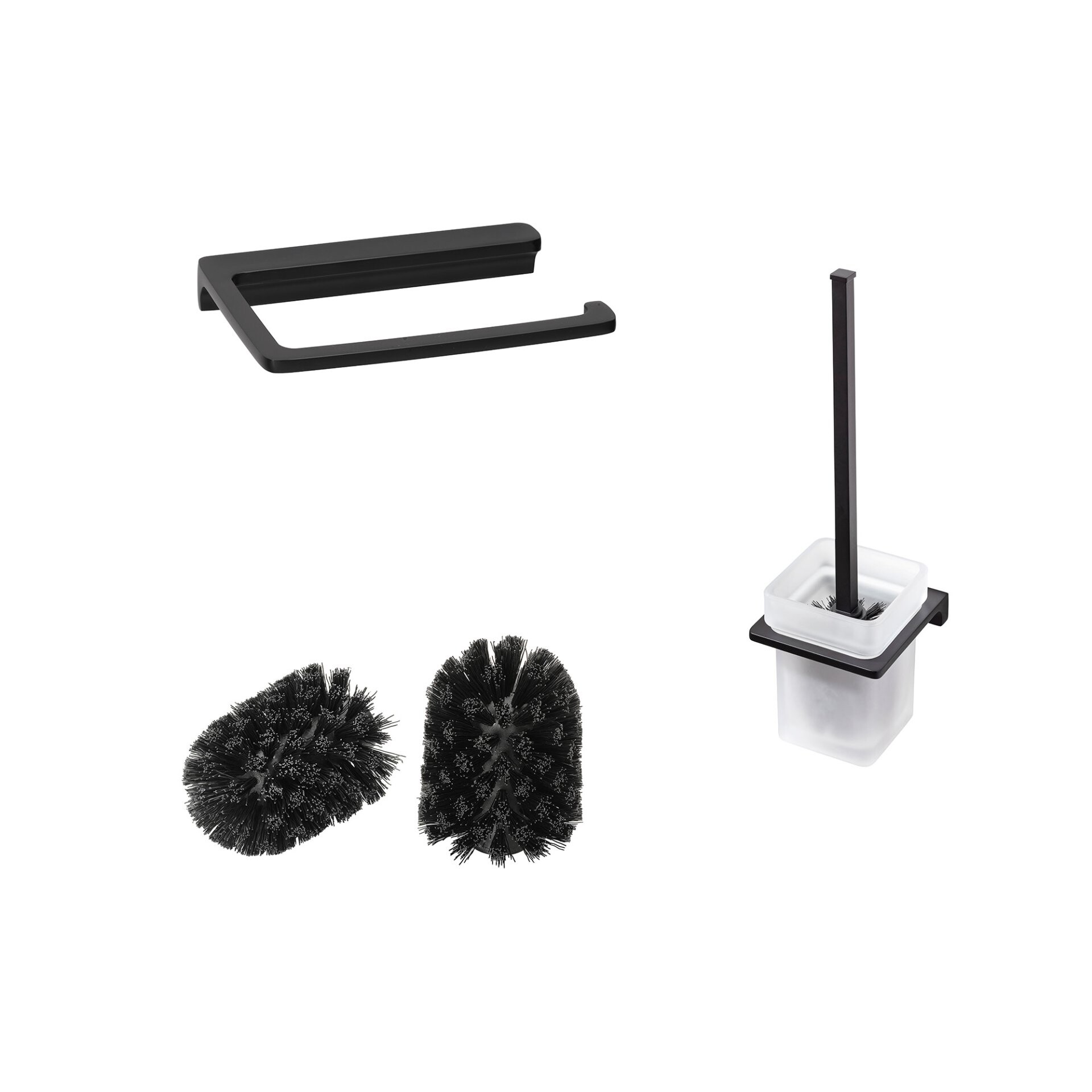 BADEDU SIRIUS Accessoire Set 3-teilig, Schwarz matt, Toilettenpapierhalter, Toilettenbürste mit Halter, 2x Ersatzbürstenköpfe