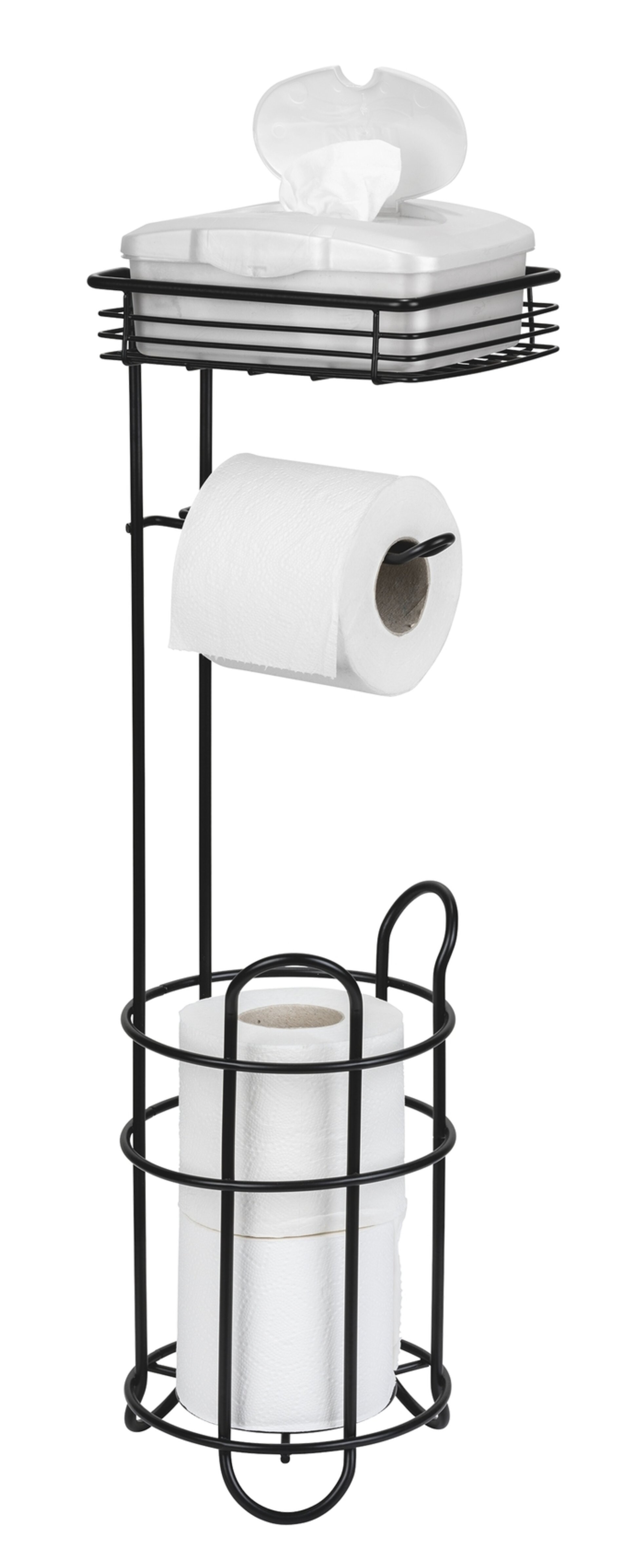 WENKO Toilettenpapierhalter, Schwarz, mit Bevorrater und Ablage