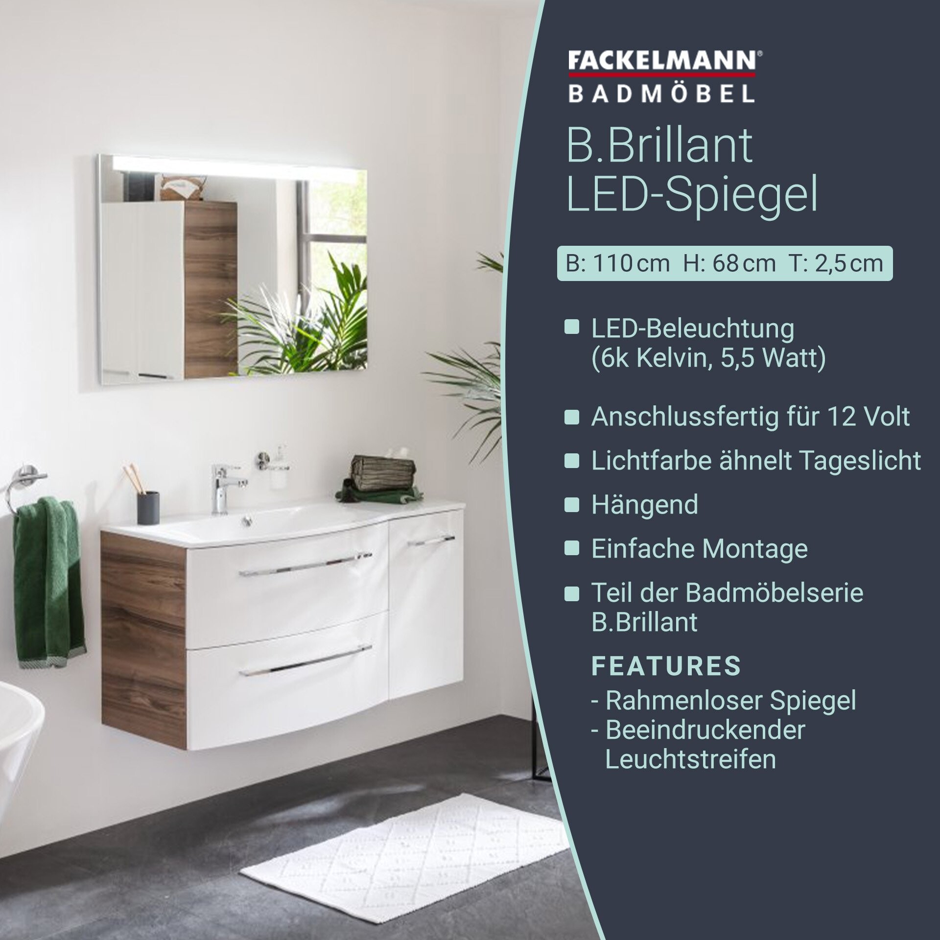 Fackelmann B.BRILLANT LED Spiegel 110 cm Fackelmann B.BRILLANT LED Spiegel 110 cm
