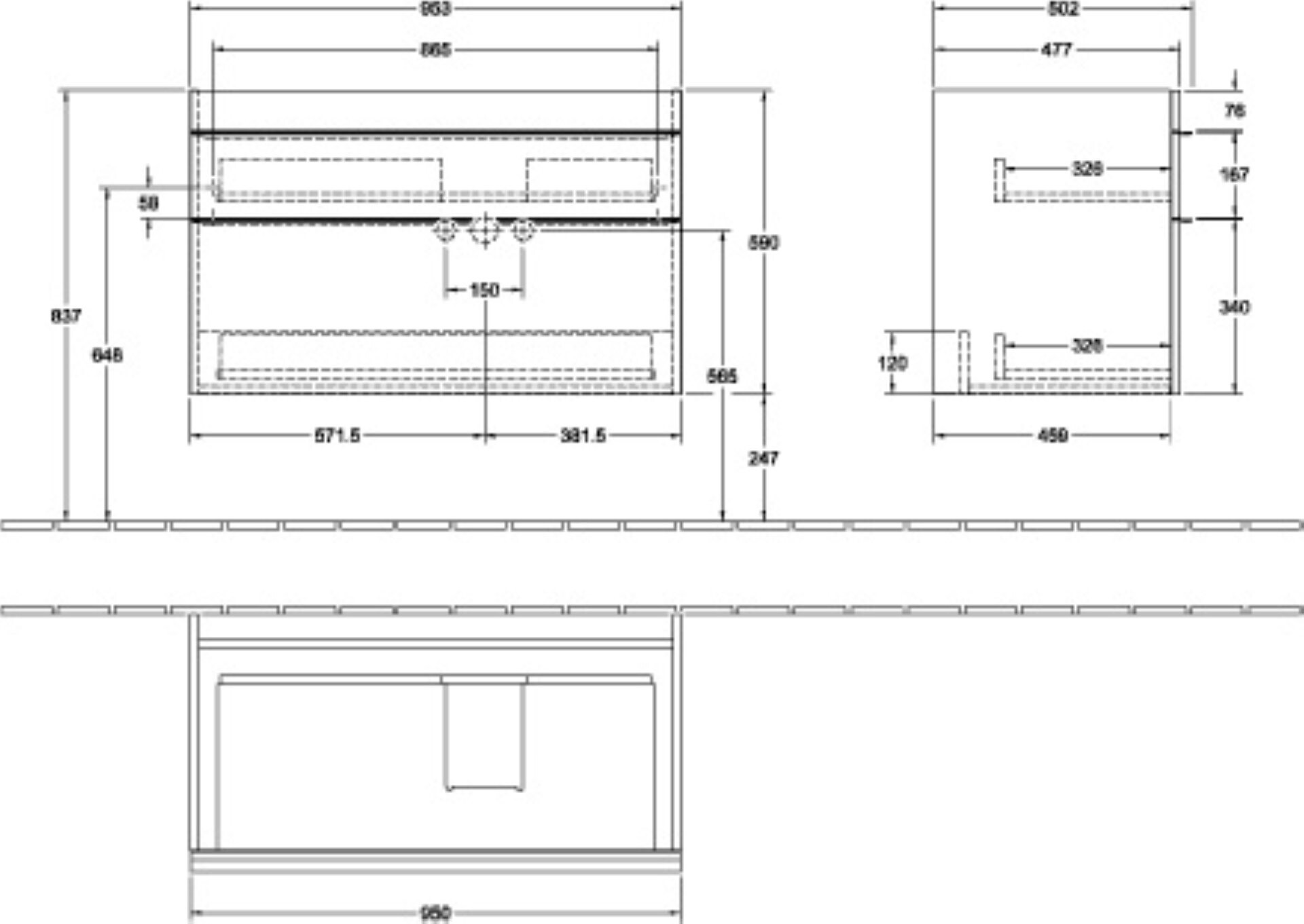 VILLEROY & BOCH VENTICELLO Waschbeckenunterschrank 95 cm breit, Weiß, Griff Chrom, 2 Schubladen, Ablage links