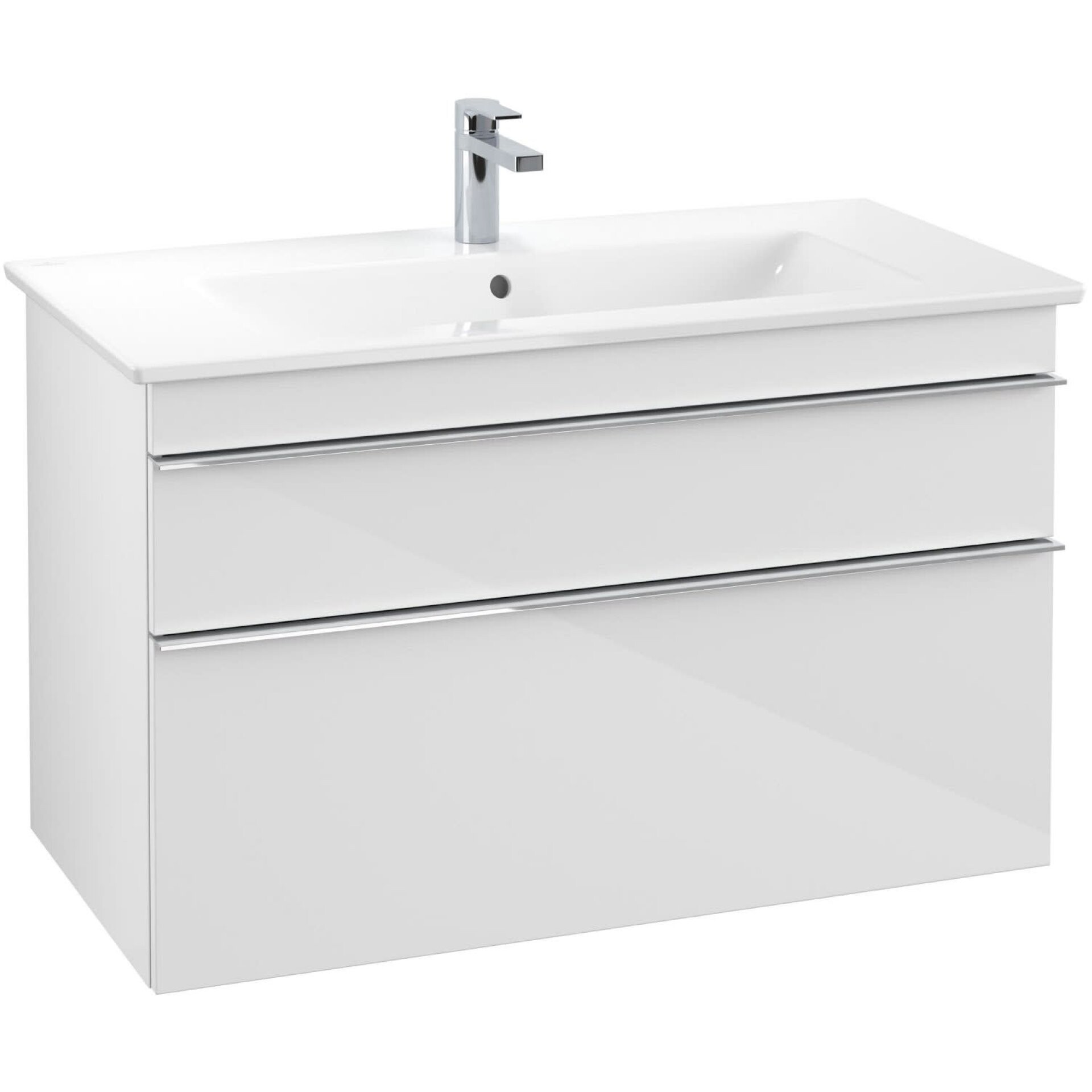 VILLEROY & BOCH VENTICELLO Waschbeckenunterschrank 95 cm breit, Weiß, Griff Chrom, 2 Schubladen