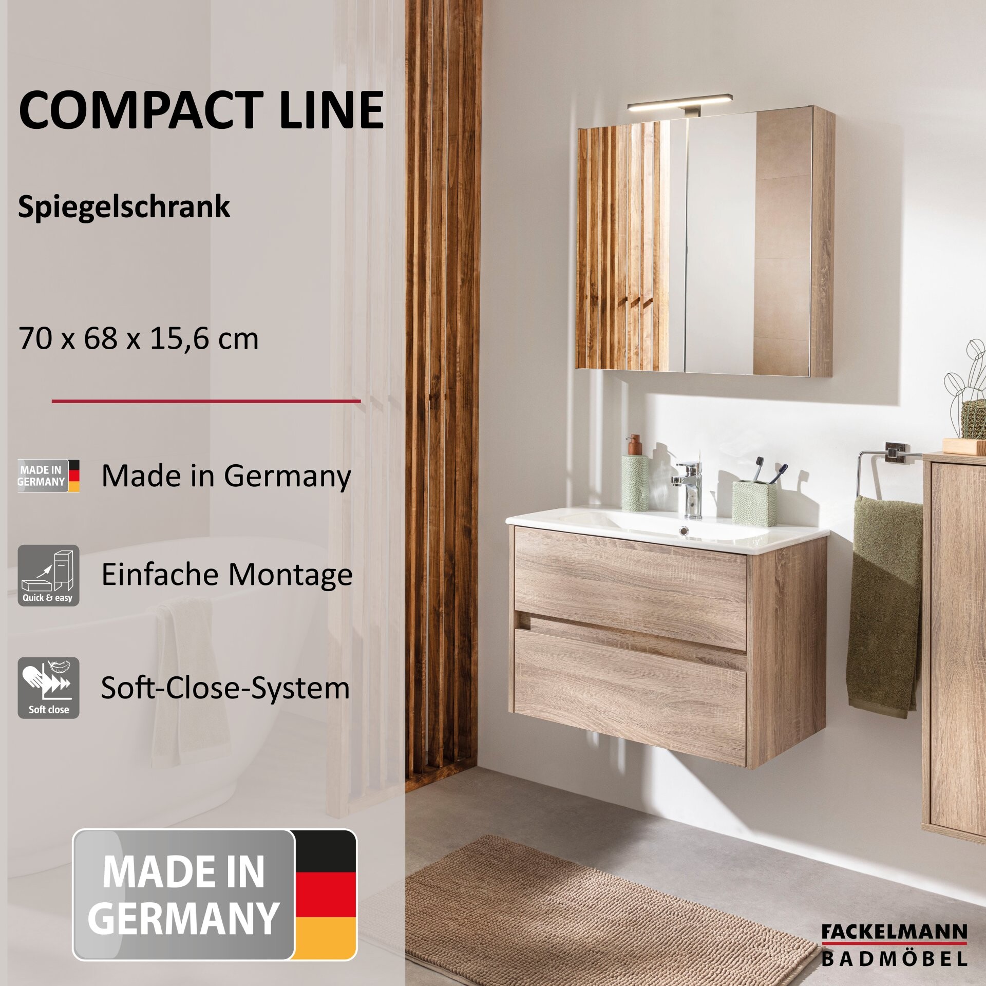 FACKELMANN COMPACT LINE Spiegelschrank 70 cm breit, Braun