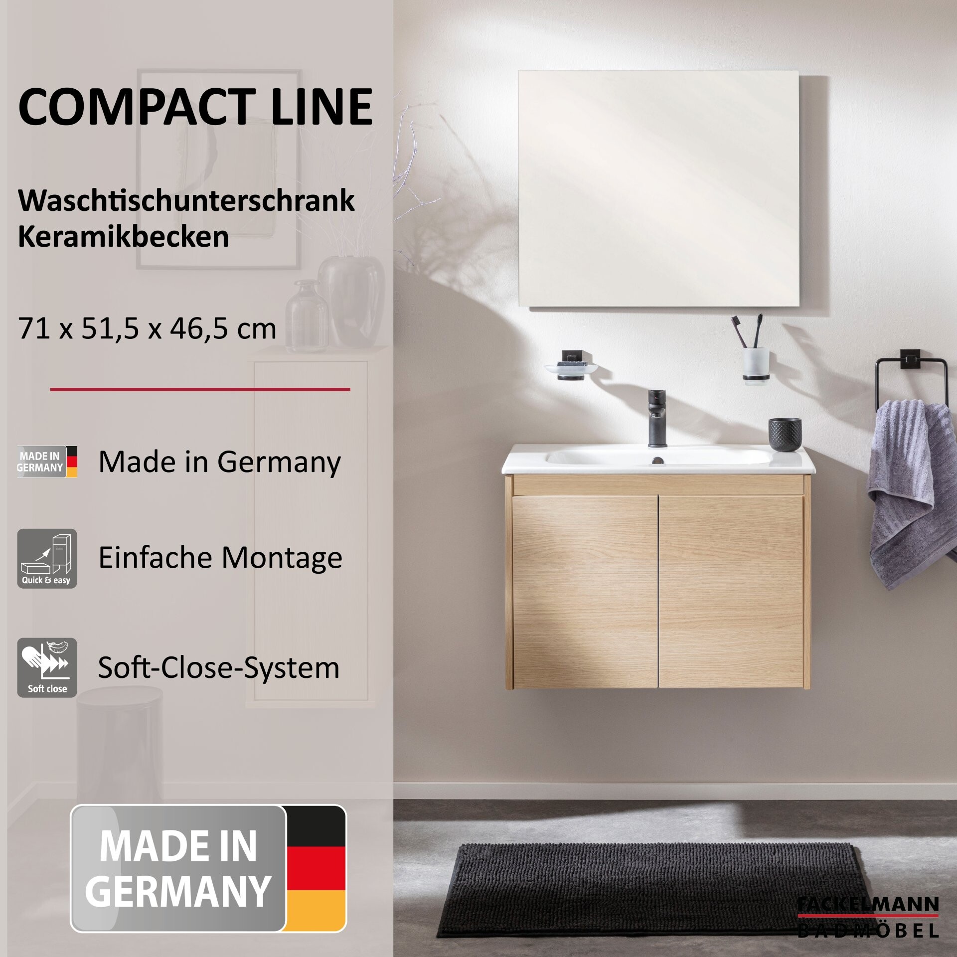 FACKELMANN COMPACT LINE Waschbecken mit Unterschrank 71 cm breit, Braun hell, Waschbecken Keramik Weiß, 2 Türen