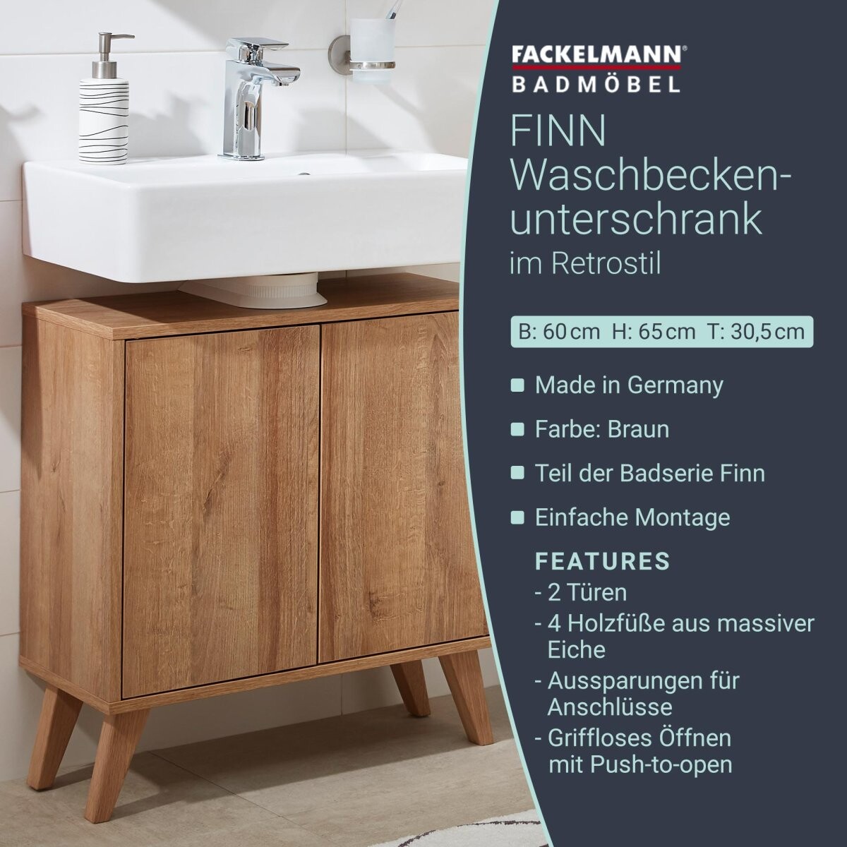 Fackelmann FINN Waschbeckenunterschrank 60 cm breit mit Füßen, Braun hell