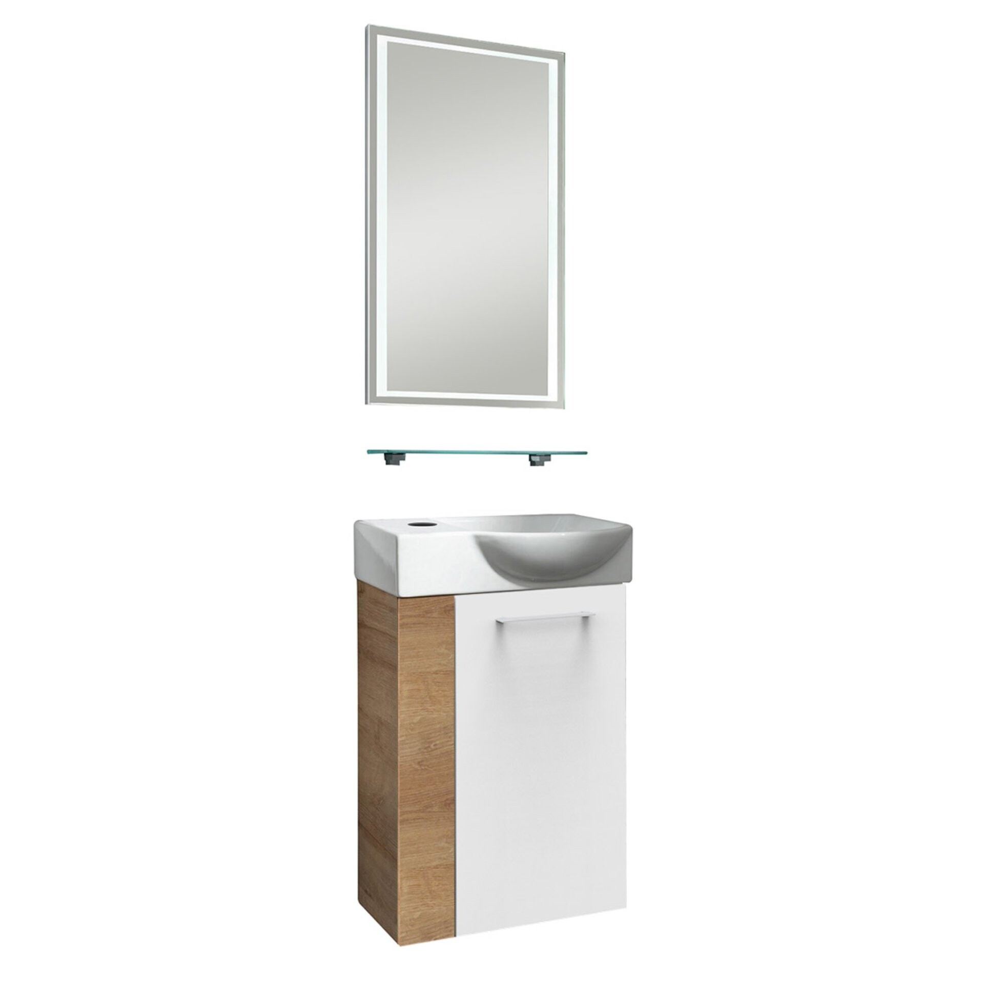 Fackelmann SBC MILANO Gäste WC Set 4-teilig 45 cm, Braun hell/Weiß, rechts, Keramik Hahnloch links, LED-Spiegel + Glasablage Fackelmann SBC MILANO Gäste WC Set 4-teilig 45 cm, Braun hell/Weiß, rechts, Keramik Hahnloch links, LED-Spiegel + Glasablage